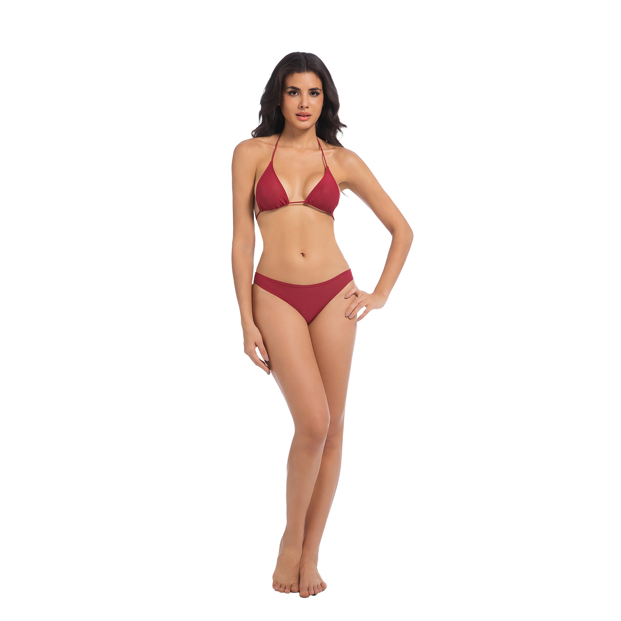 Damen Kirschrot Sonnen-Bikini-Set – Triangel-Neckholder 2-teilige Bademode – Minimiert Bräunungslinien UV-durchlässiger Gerippter Minimal High Cut Badeanzug für Damen