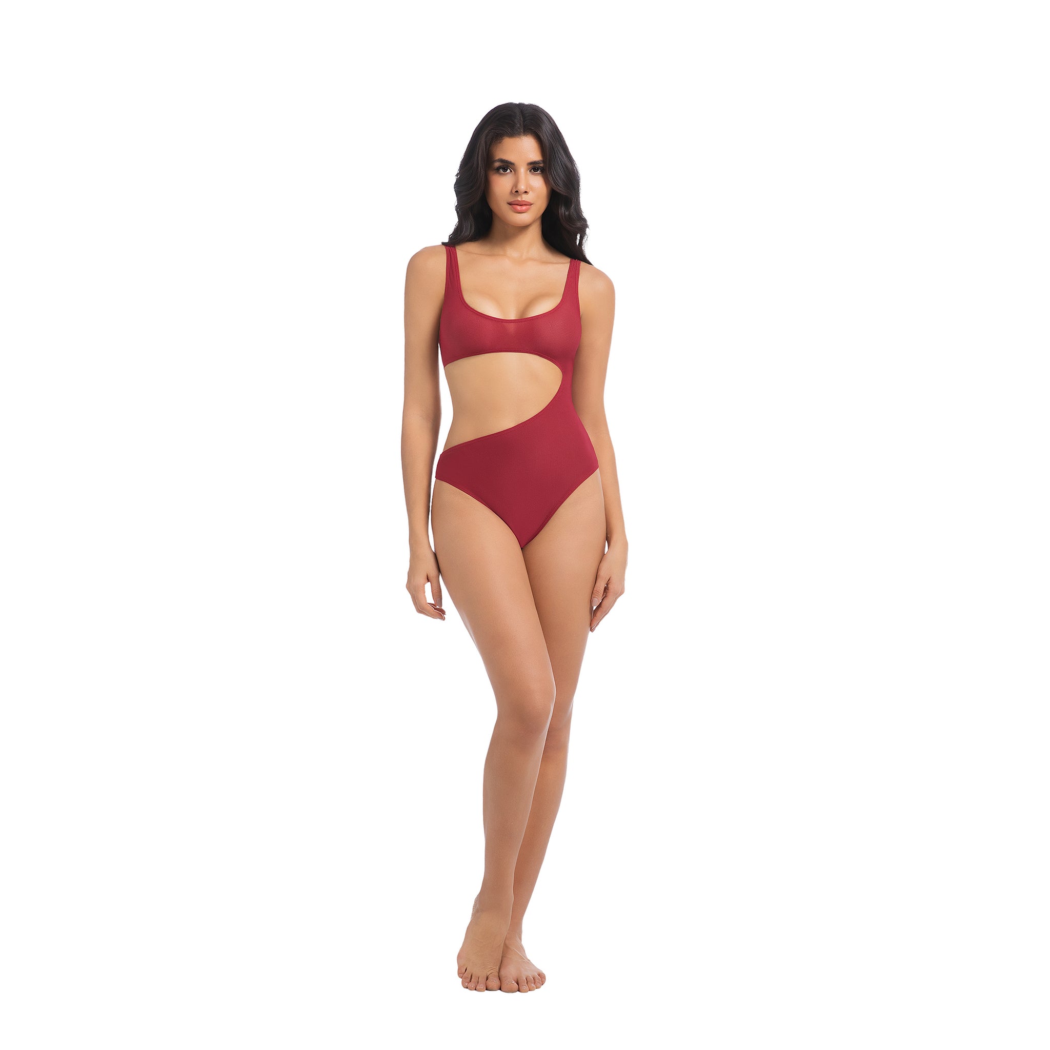 Damen Kirschrot Tan-Through Badeanzug Einteiler – Asymmetrischer seitlicher Cut-Out Badeanzug – Minimiert Bräunungsstreifen UV-durchlässiger Damen-Badeanzug mit gerippter Schnürung und hohem Beinausschnitt