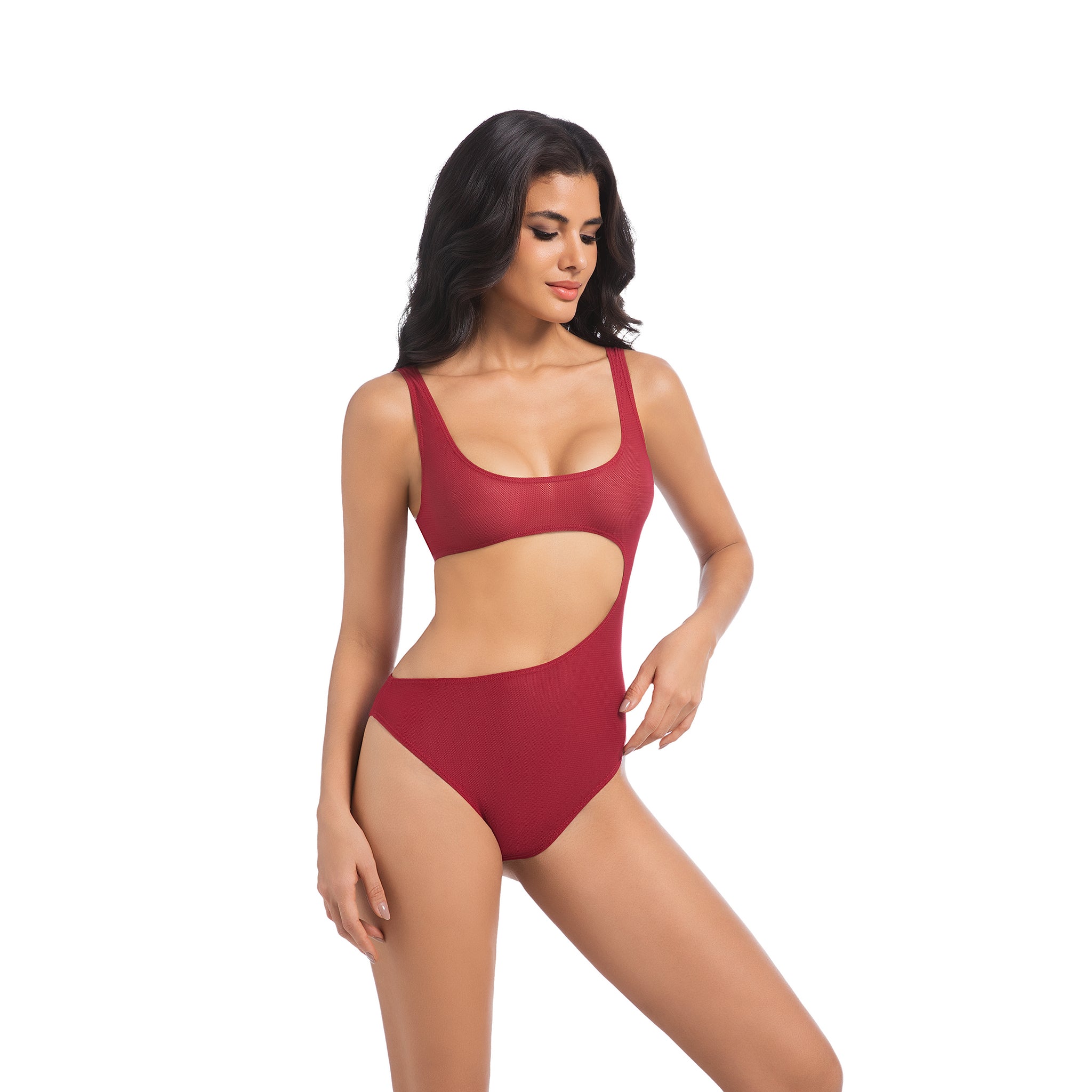 Damen Kirschrot Tan-Through Badeanzug Einteiler – Asymmetrischer seitlicher Cut-Out Badeanzug – Minimiert Bräunungsstreifen UV-durchlässiger Damen-Badeanzug mit gerippter Schnürung und hohem Beinausschnitt