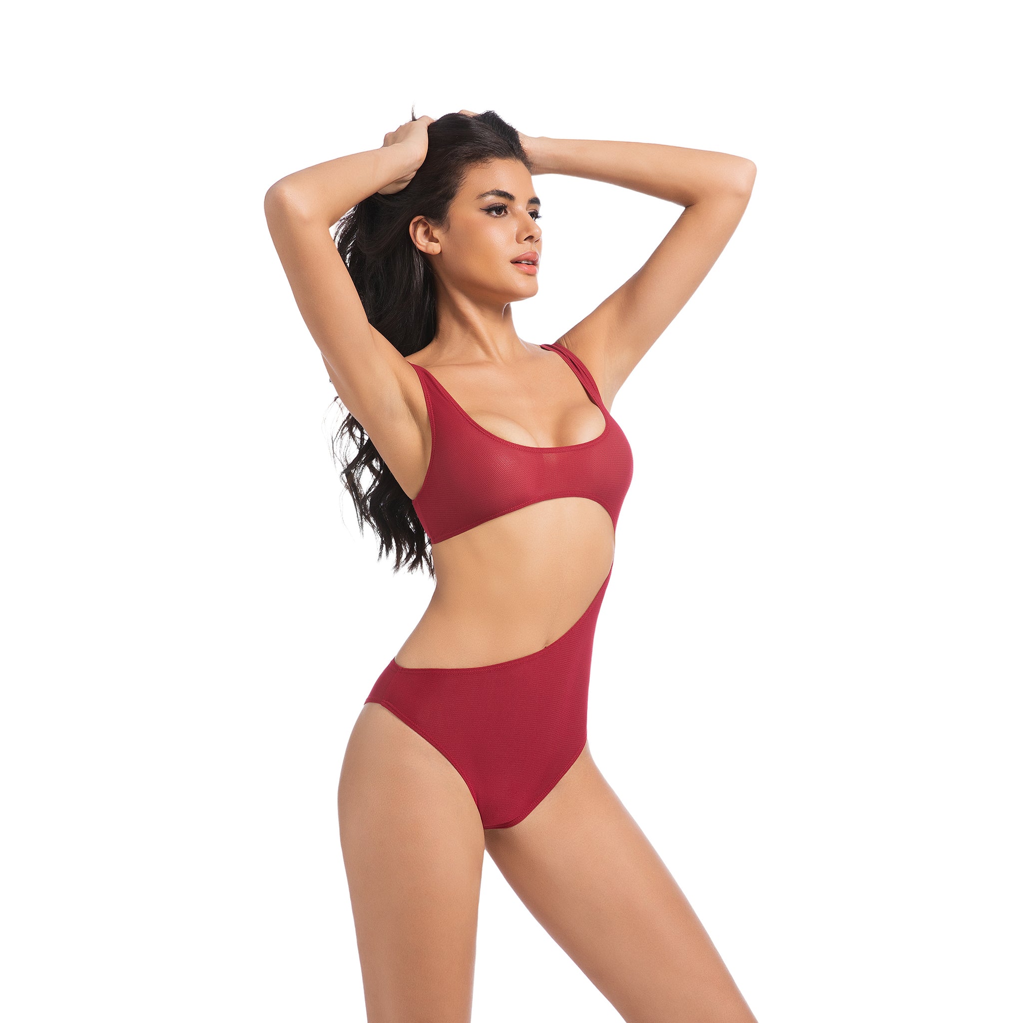 Damen Kirschrot Tan-Through Badeanzug Einteiler – Asymmetrischer seitlicher Cut-Out Badeanzug – Minimiert Bräunungsstreifen UV-durchlässiger Damen-Badeanzug mit gerippter Schnürung und hohem Beinausschnitt