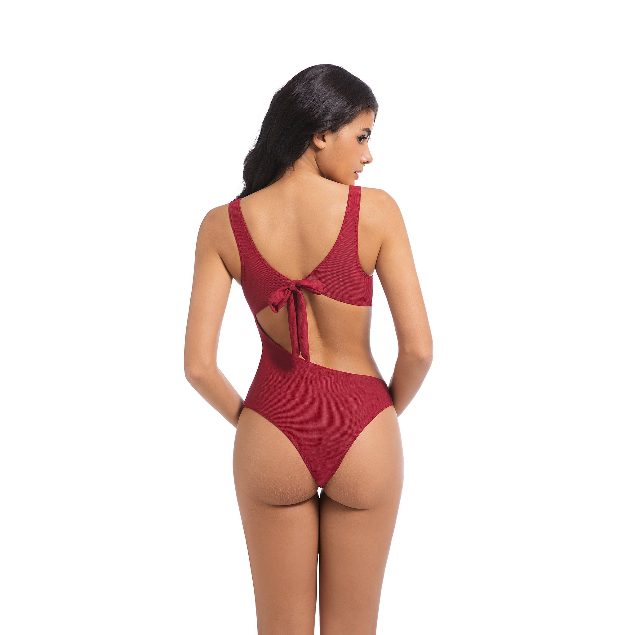 Damen Kirschrot Tan-Through Badeanzug Einteiler – Asymmetrischer seitlicher Cut-Out Badeanzug – Minimiert Bräunungsstreifen UV-durchlässiger Damen-Badeanzug mit gerippter Schnürung und hohem Beinausschnitt