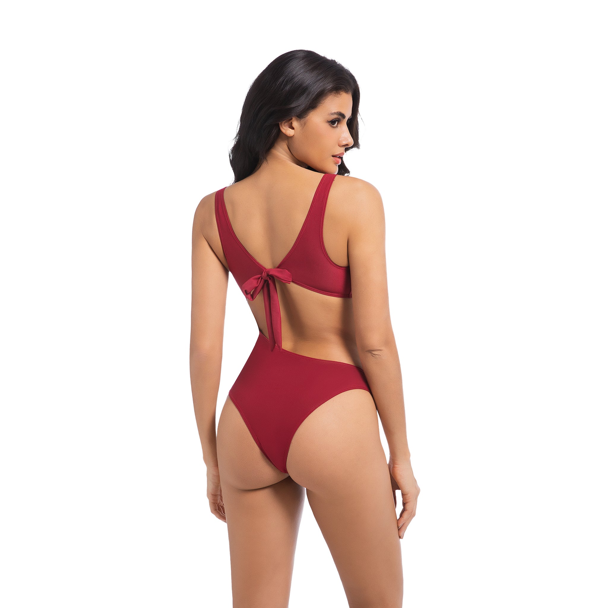 Damen Kirschrot Tan-Through Badeanzug Einteiler – Asymmetrischer seitlicher Cut-Out Badeanzug – Minimiert Bräunungsstreifen UV-durchlässiger Damen-Badeanzug mit gerippter Schnürung und hohem Beinausschnitt