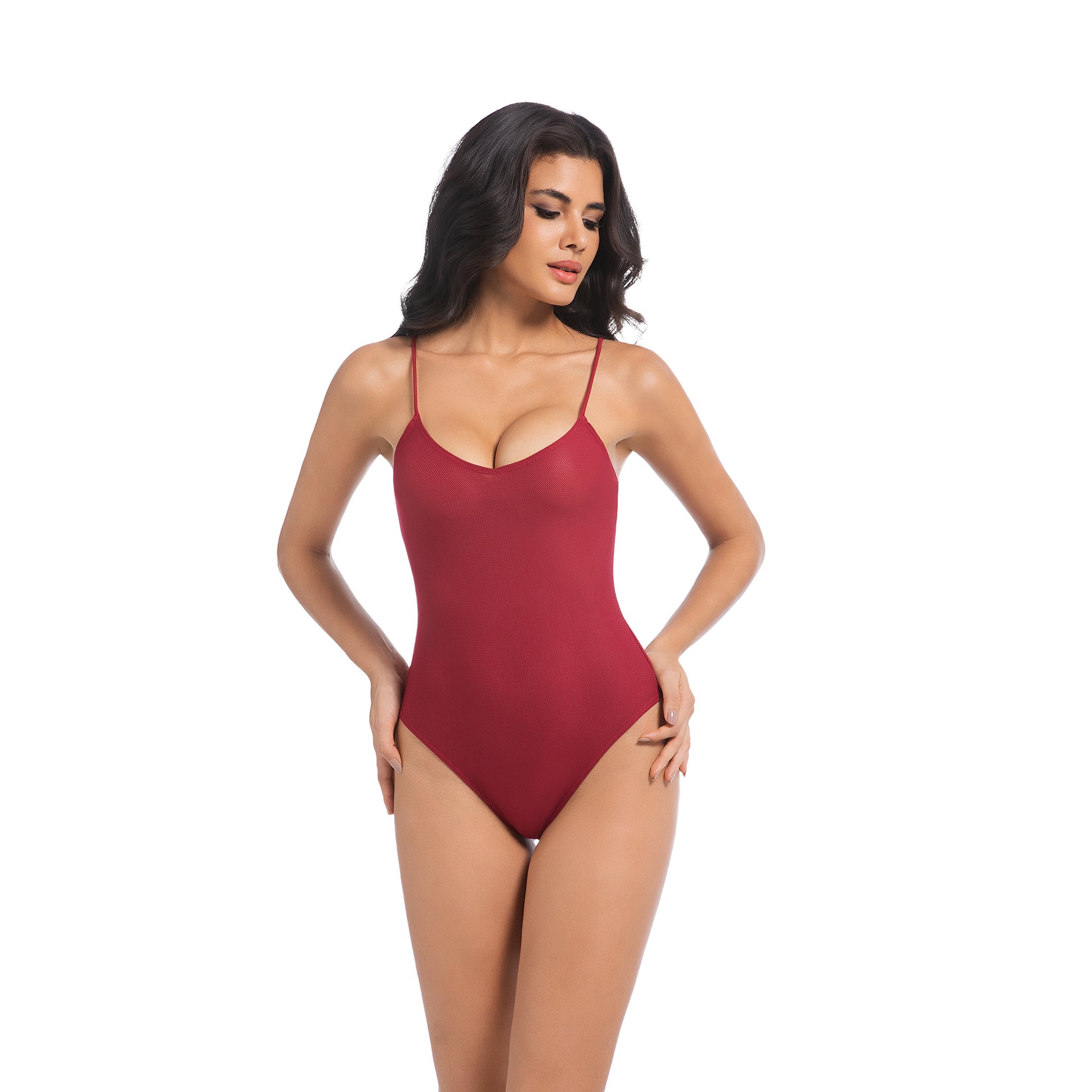 Damen Kirschroter Tan-Through Einteiler – Gerippter Badeanzug mit V-Ausschnitt – Minimiert Bräunungsstreifen UV-durchlässige Damen High-Cut Elegante Bademode