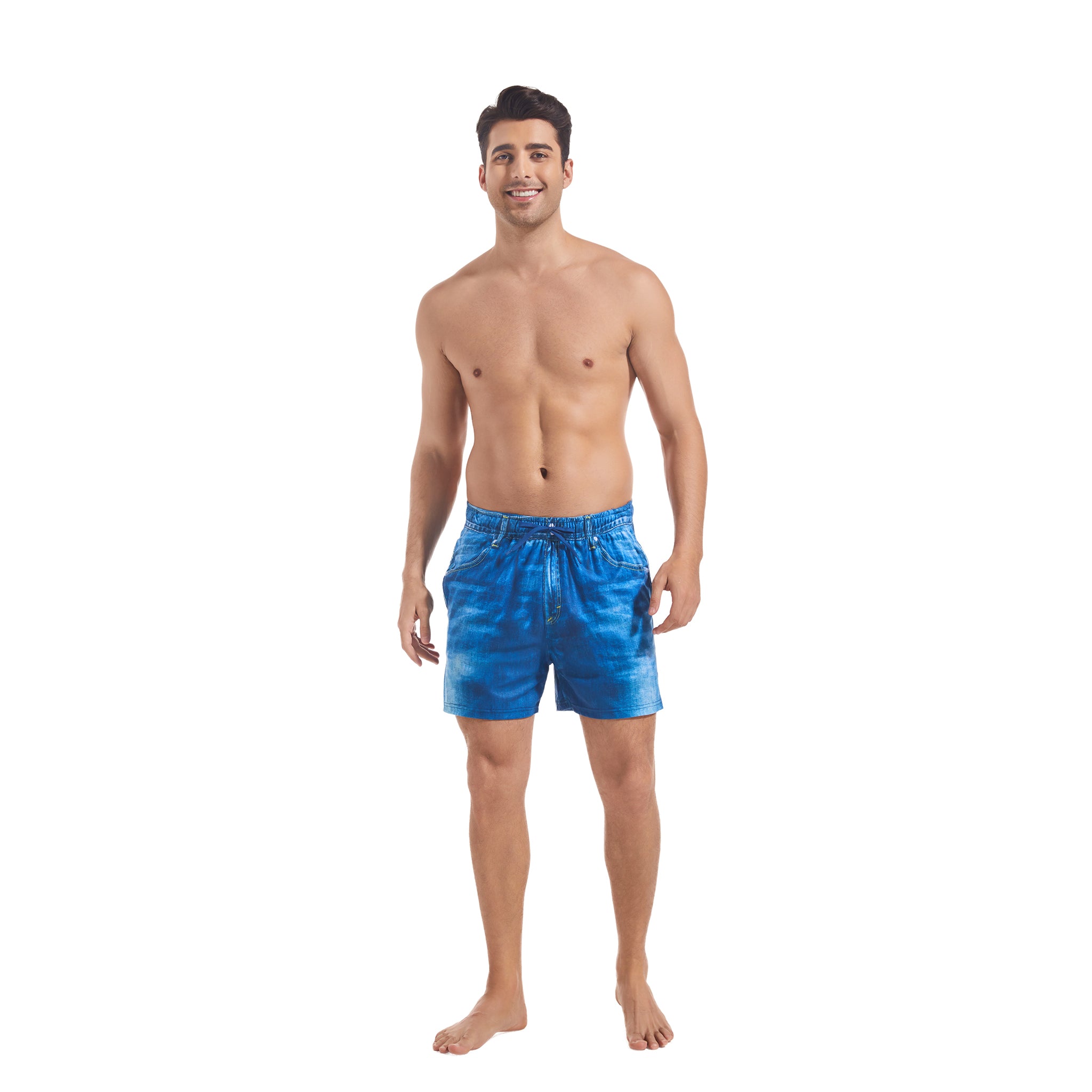 Herren Badeshorts im realistischen Denim-Print – Minimale Bräunungsstreifen Bräunen-durchlässig Schnelltrocknende Boardshorts – Elastischer Bund Kordelzug Herren-Bademode Lässige Boardshorts mit Taschen für Männer