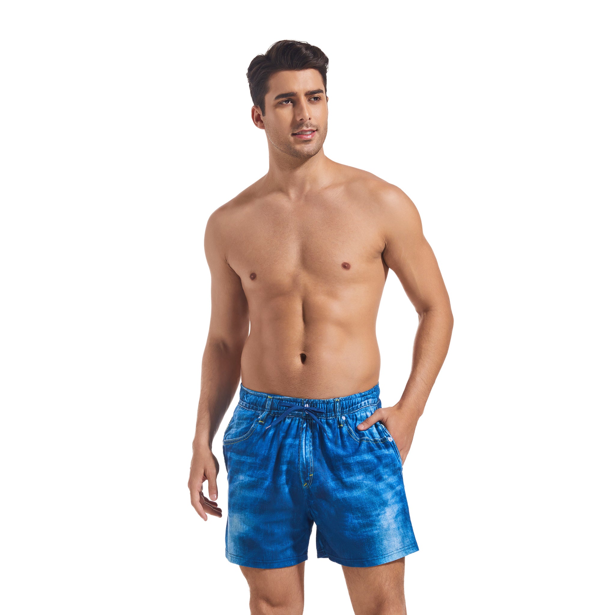 Herren Badeshorts im realistischen Denim-Print – Minimale Bräunungsstreifen Bräunen-durchlässig Schnelltrocknende Boardshorts – Elastischer Bund Kordelzug Herren-Bademode Lässige Boardshorts mit Taschen für Männer