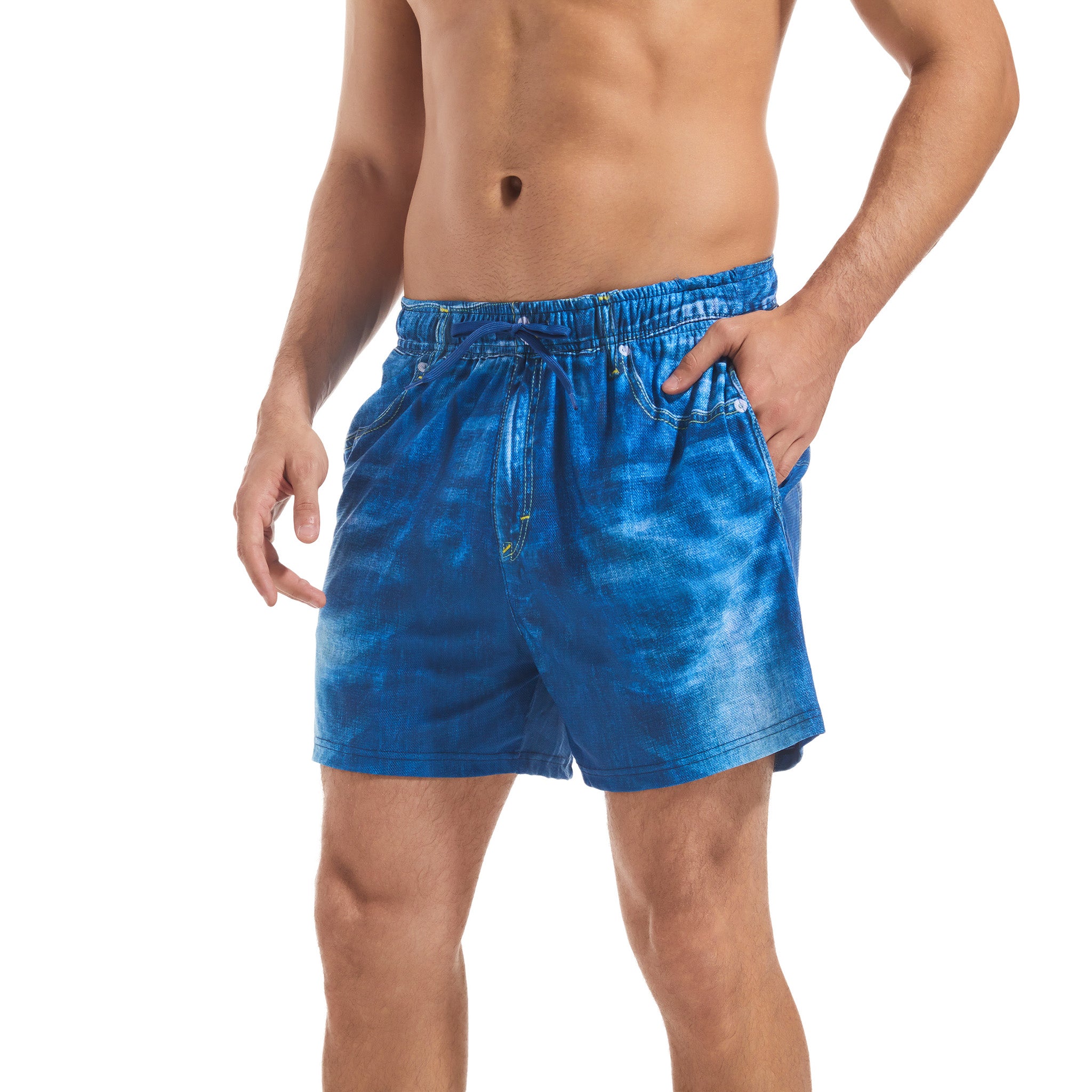 Herren Badeshorts im realistischen Denim-Print – Minimale Bräunungsstreifen Bräunen-durchlässig Schnelltrocknende Boardshorts – Elastischer Bund Kordelzug Herren-Bademode Lässige Boardshorts mit Taschen für Männer