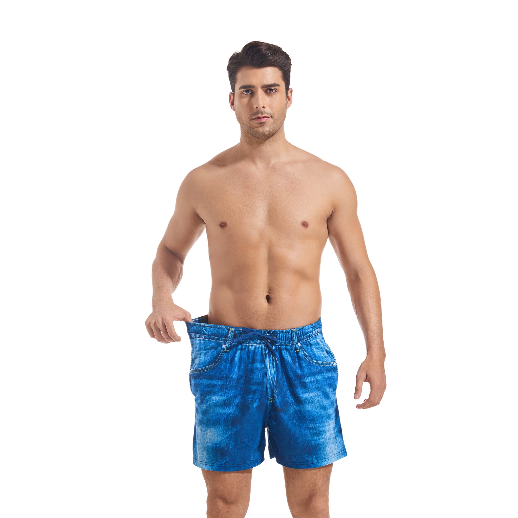 Herren Badeshorts im realistischen Denim-Print – Minimale Bräunungsstreifen Bräunen-durchlässig Schnelltrocknende Boardshorts – Elastischer Bund Kordelzug Herren-Bademode Lässige Boardshorts mit Taschen für Männer