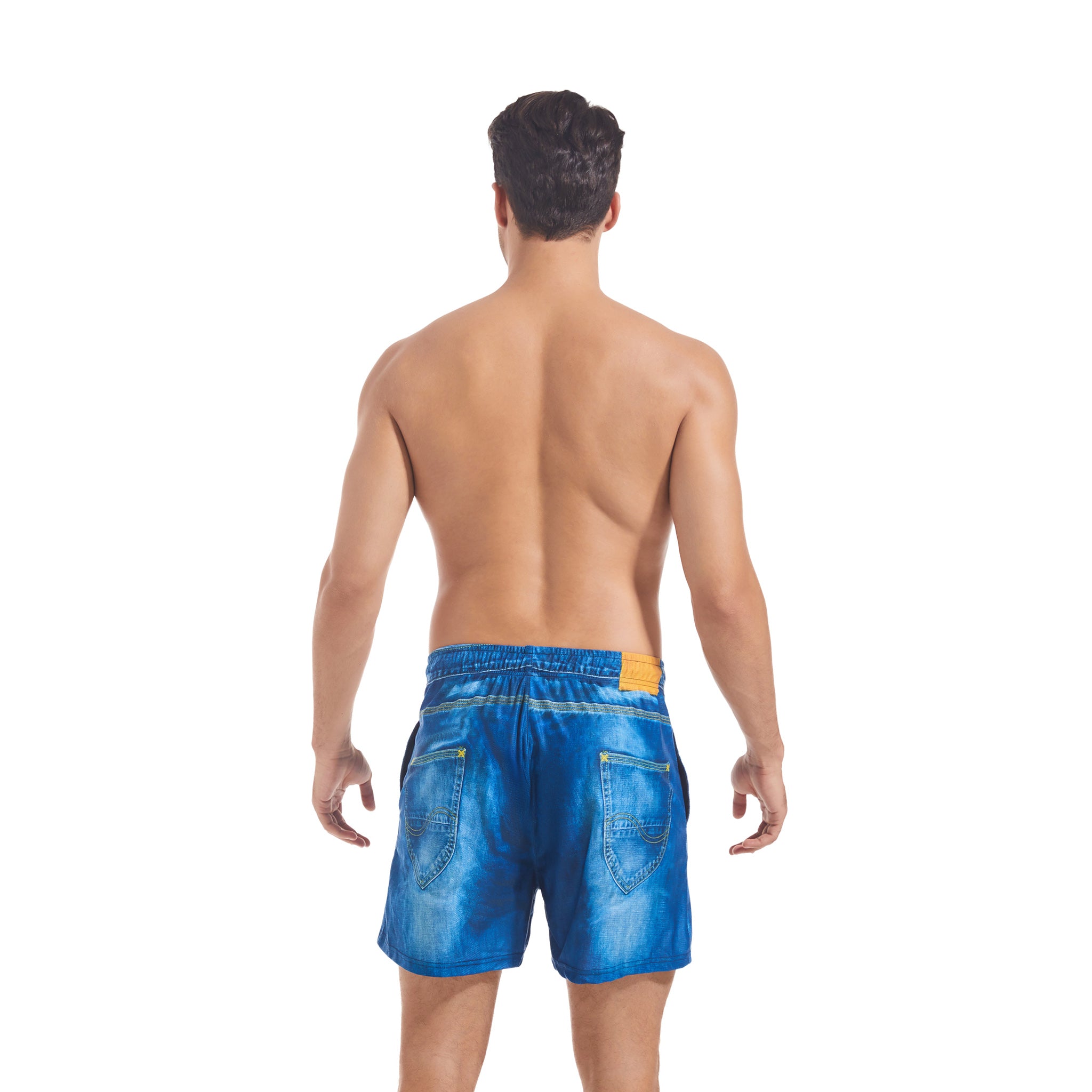 Herren Badeshorts im realistischen Denim-Print – Minimale Bräunungsstreifen Bräunen-durchlässig Schnelltrocknende Boardshorts – Elastischer Bund Kordelzug Herren-Bademode Lässige Boardshorts mit Taschen für Männer