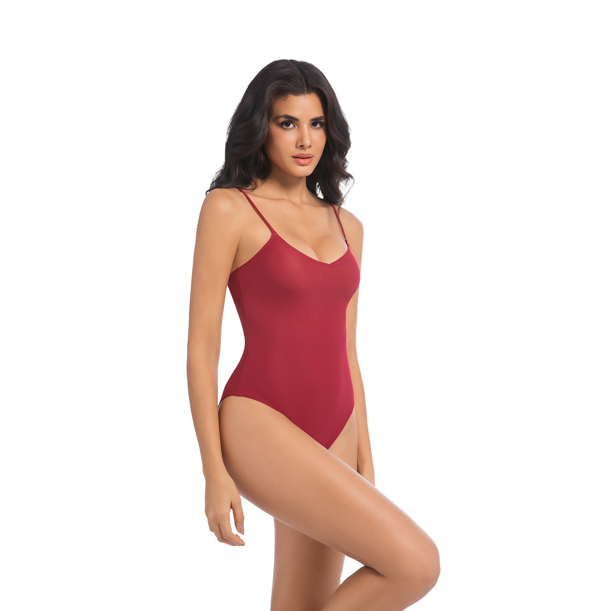 Damen Kirschroter Tan-Through Einteiler – Gerippter Badeanzug mit V-Ausschnitt – Minimiert Bräunungsstreifen UV-durchlässige Damen High-Cut Elegante Bademode