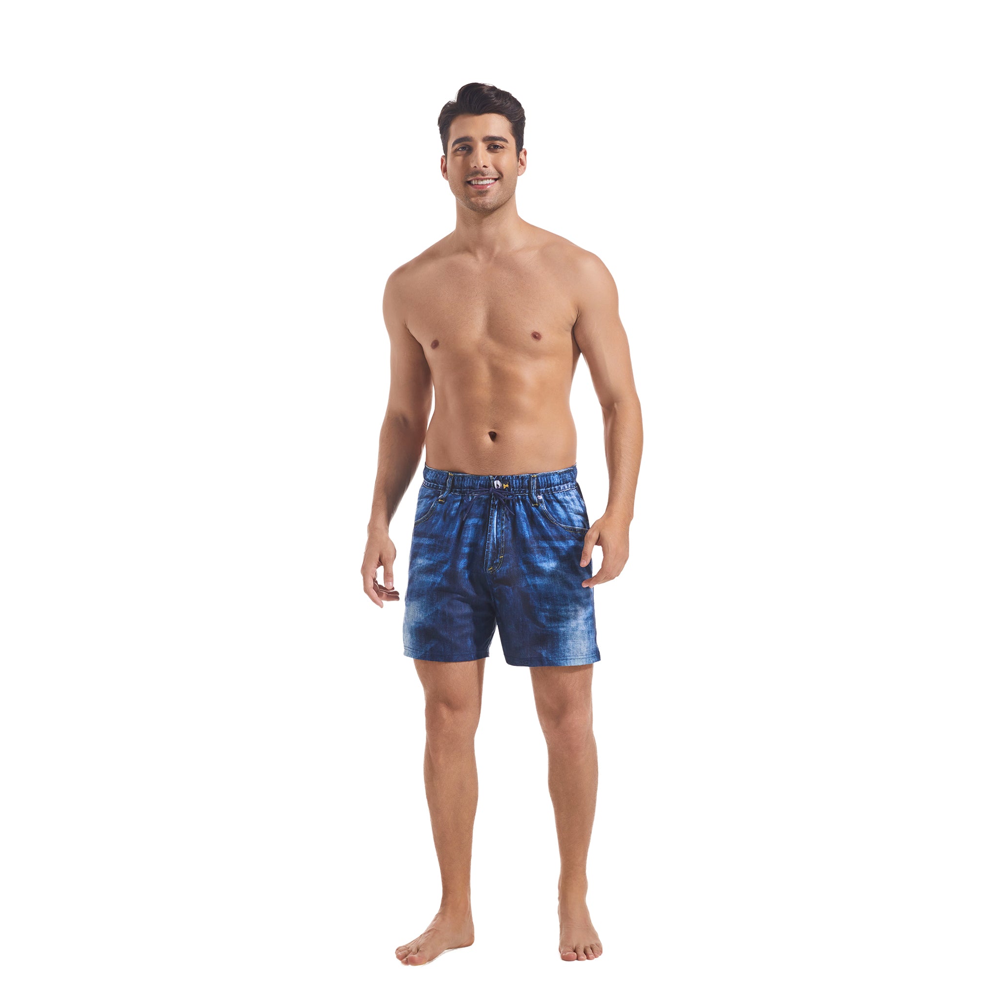 Tan Through Minimale Bräunungsstreifen Herren Badehosen Washed Denim Print - Schnelltrocknende Elastische Taille Kordelzug Badeshorts - Männliche Lässige Multi-Pocket Boardshorts für Männer