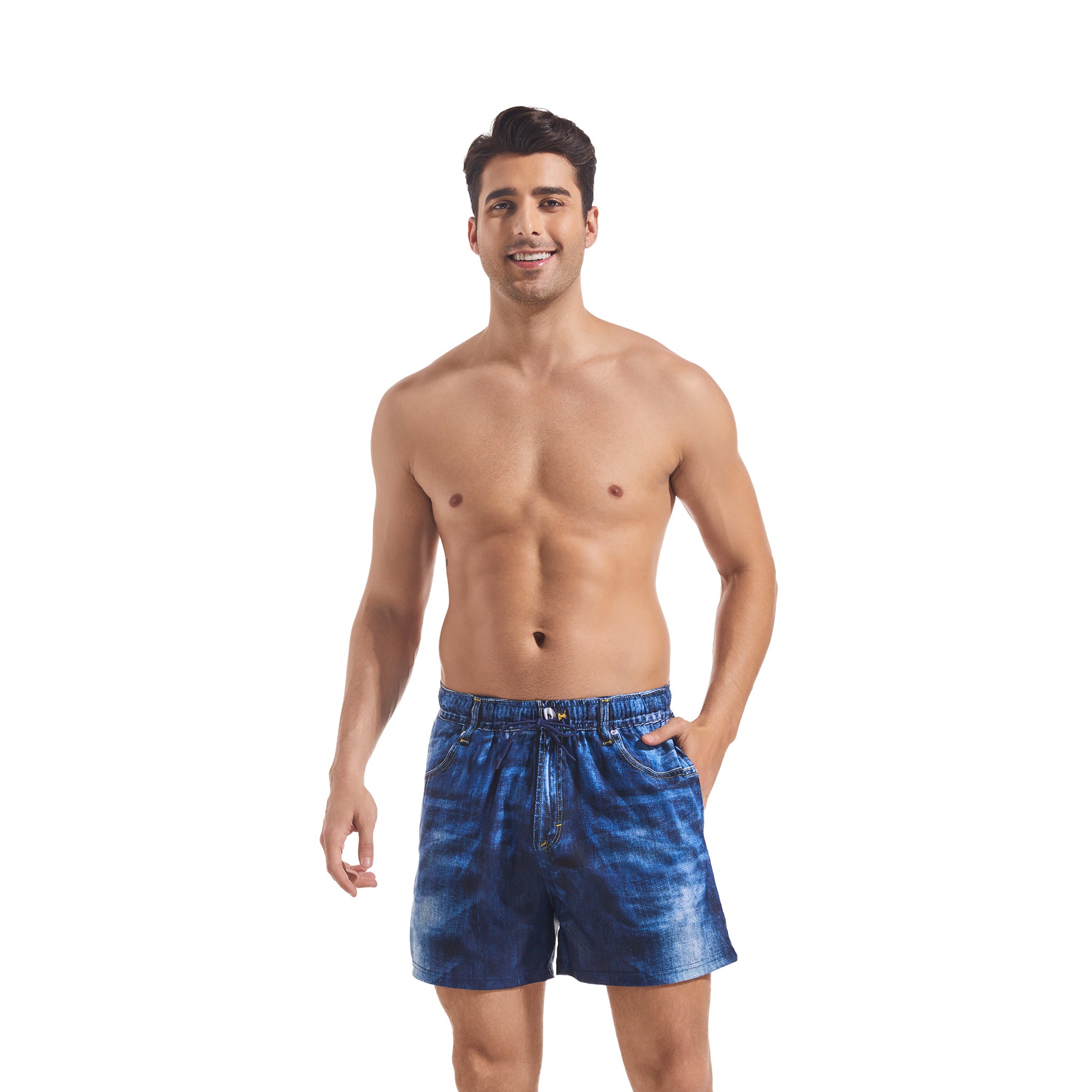 Tan Through Minimale Bräunungsstreifen Herren Badehosen Washed Denim Print - Schnelltrocknende Elastische Taille Kordelzug Badeshorts - Männliche Lässige Multi-Pocket Boardshorts für Männer