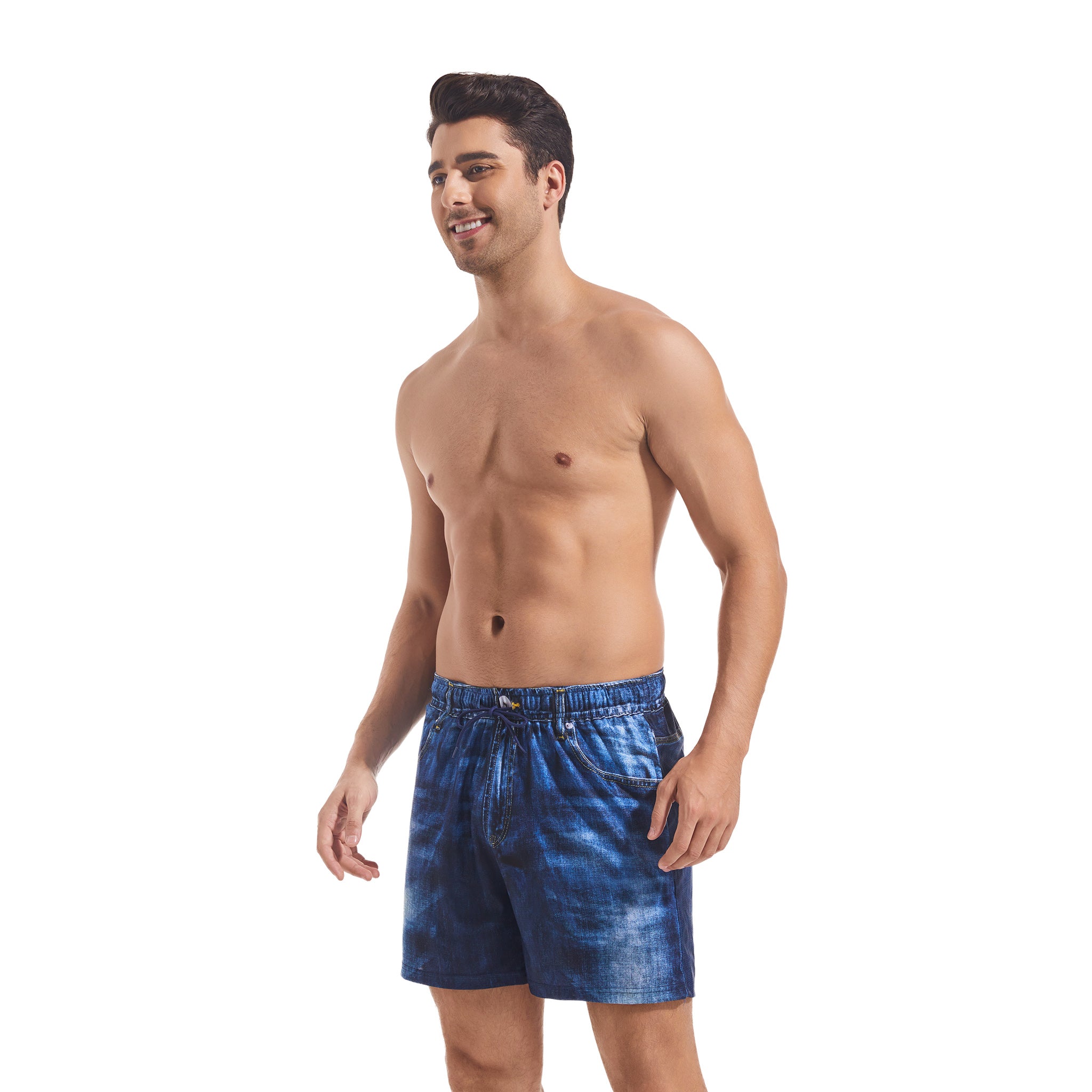 Tan Through Minimale Bräunungsstreifen Herren Badehosen Washed Denim Print - Schnelltrocknende Elastische Taille Kordelzug Badeshorts - Männliche Lässige Multi-Pocket Boardshorts für Männer