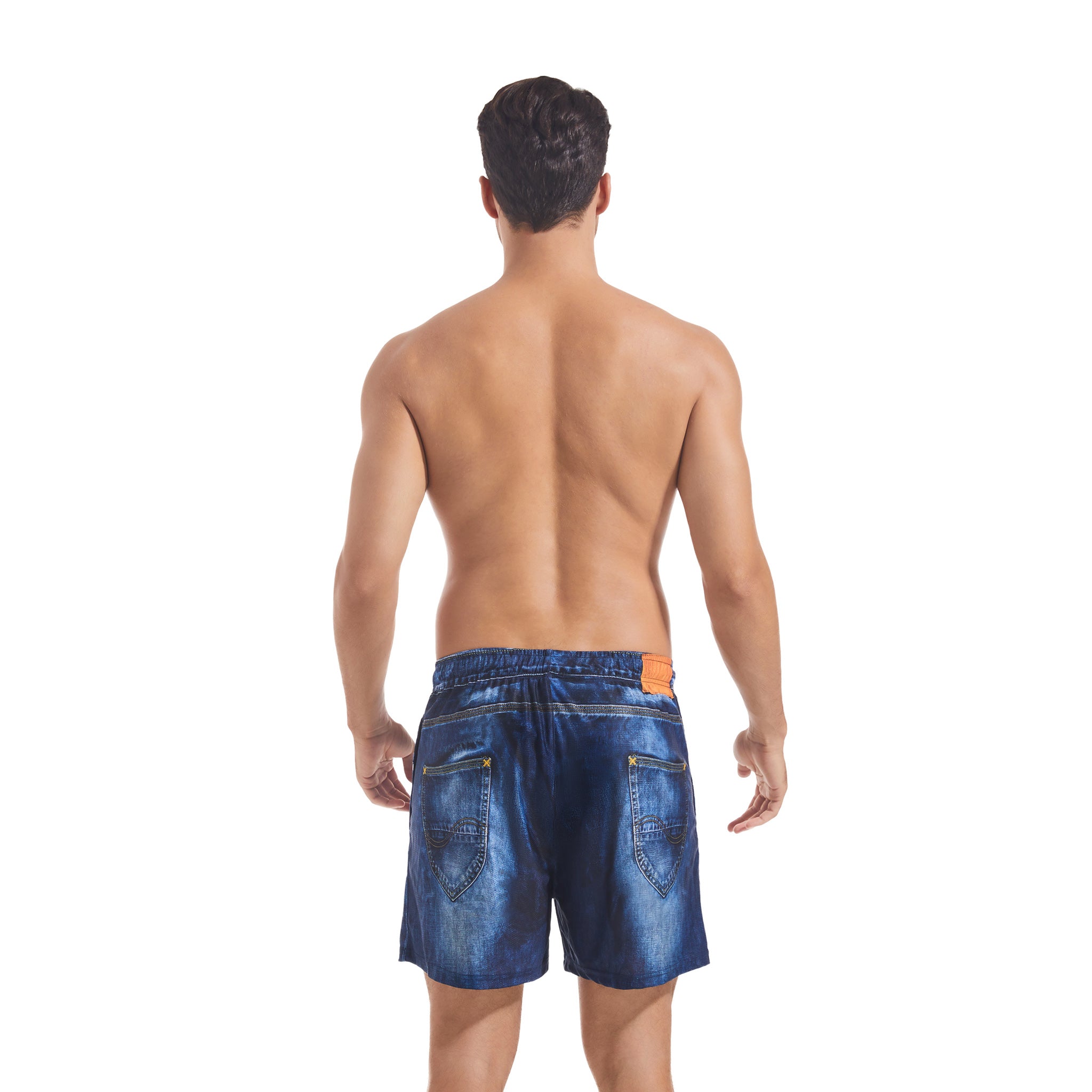 Tan Through Minimale Bräunungsstreifen Herren Badehosen Washed Denim Print - Schnelltrocknende Elastische Taille Kordelzug Badeshorts - Männliche Lässige Multi-Pocket Boardshorts für Männer