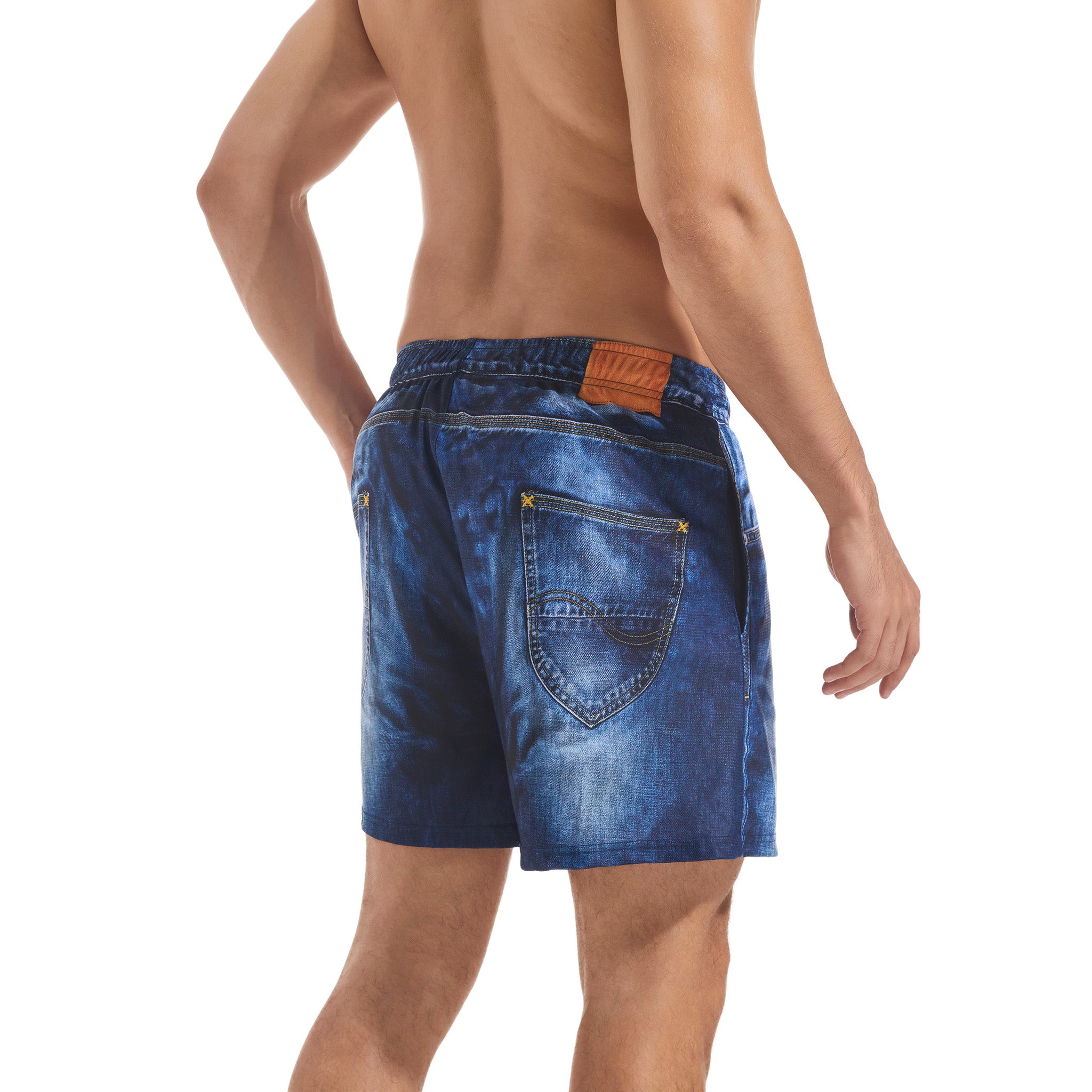 Tan Through Minimale Bräunungsstreifen Herren Badehosen Washed Denim Print - Schnelltrocknende Elastische Taille Kordelzug Badeshorts - Männliche Lässige Multi-Pocket Boardshorts für Männer