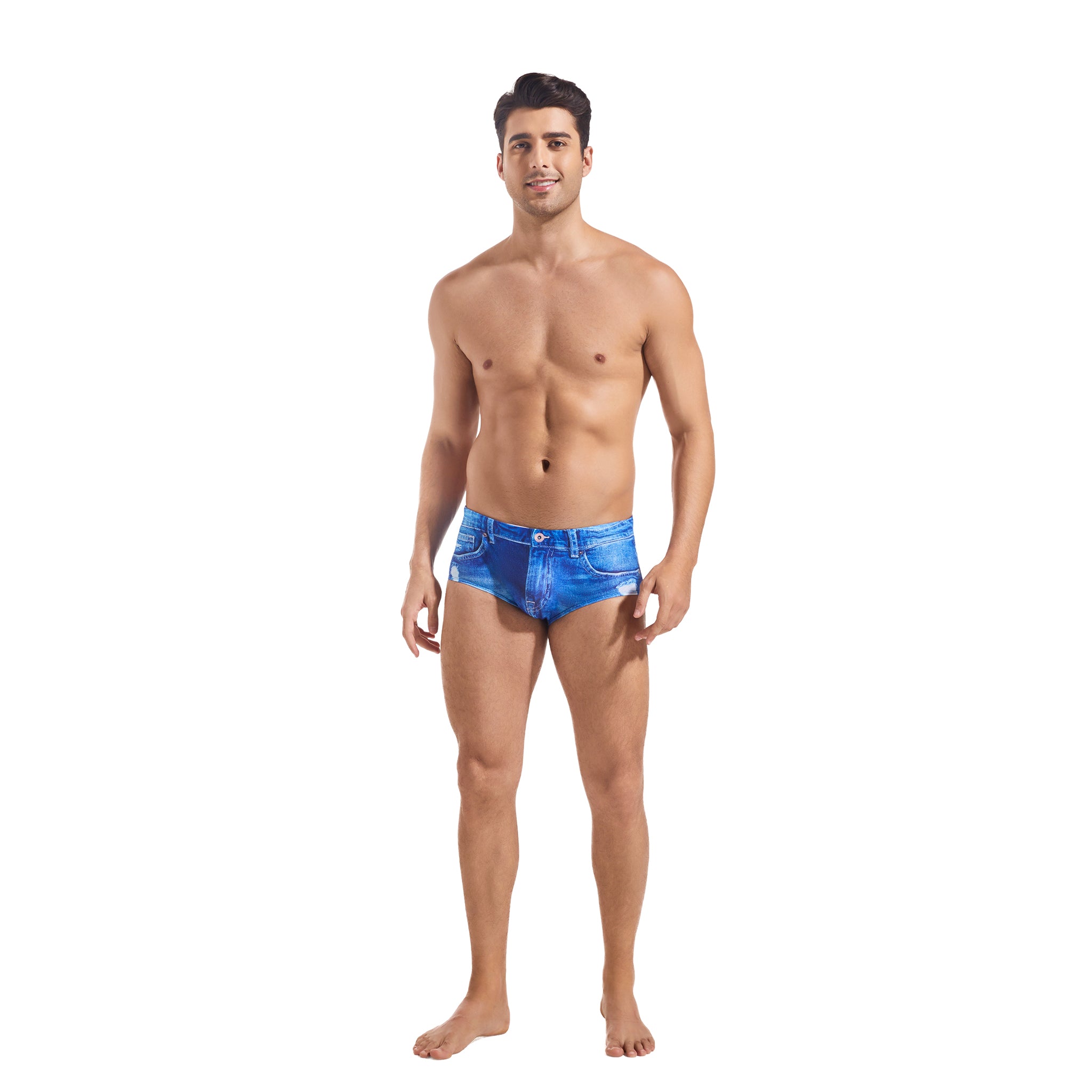 Badeshorts für Herren im Distressed Denim Look – Transparent für minimale Bräunungslinien, niedriger Bund, schnelltrocknend, figurbetont, Bikini-Badehose für Männer, lässige Strandshorts