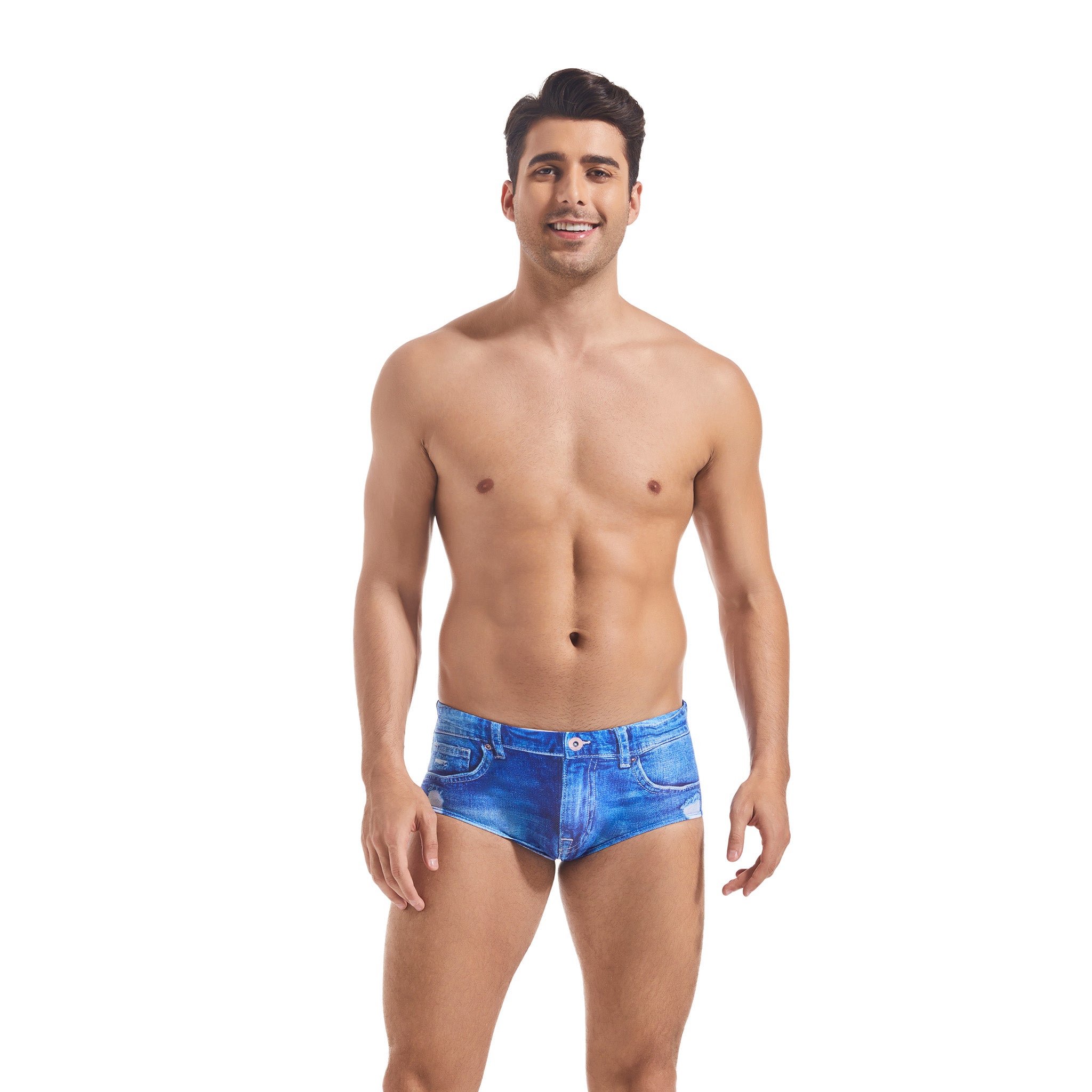 Badeshorts für Herren im Distressed Denim Look – Transparent für minimale Bräunungslinien, niedriger Bund, schnelltrocknend, figurbetont, Bikini-Badehose für Männer, lässige Strandshorts