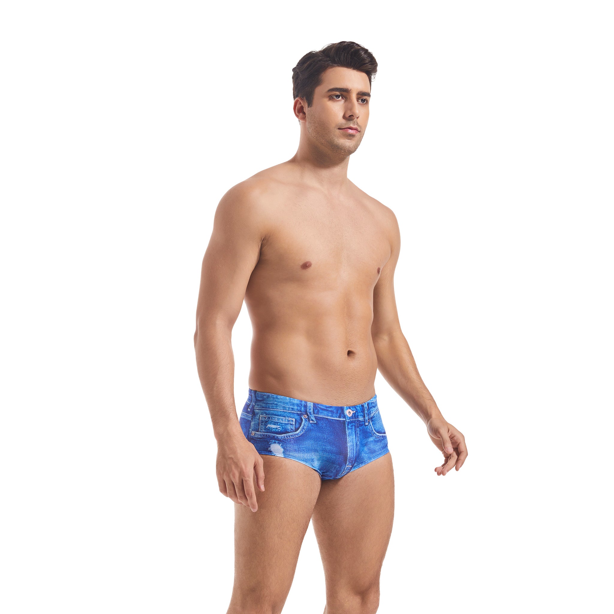 Badeshorts für Herren im Distressed Denim Look – Transparent für minimale Bräunungslinien, niedriger Bund, schnelltrocknend, figurbetont, Bikini-Badehose für Männer, lässige Strandshorts