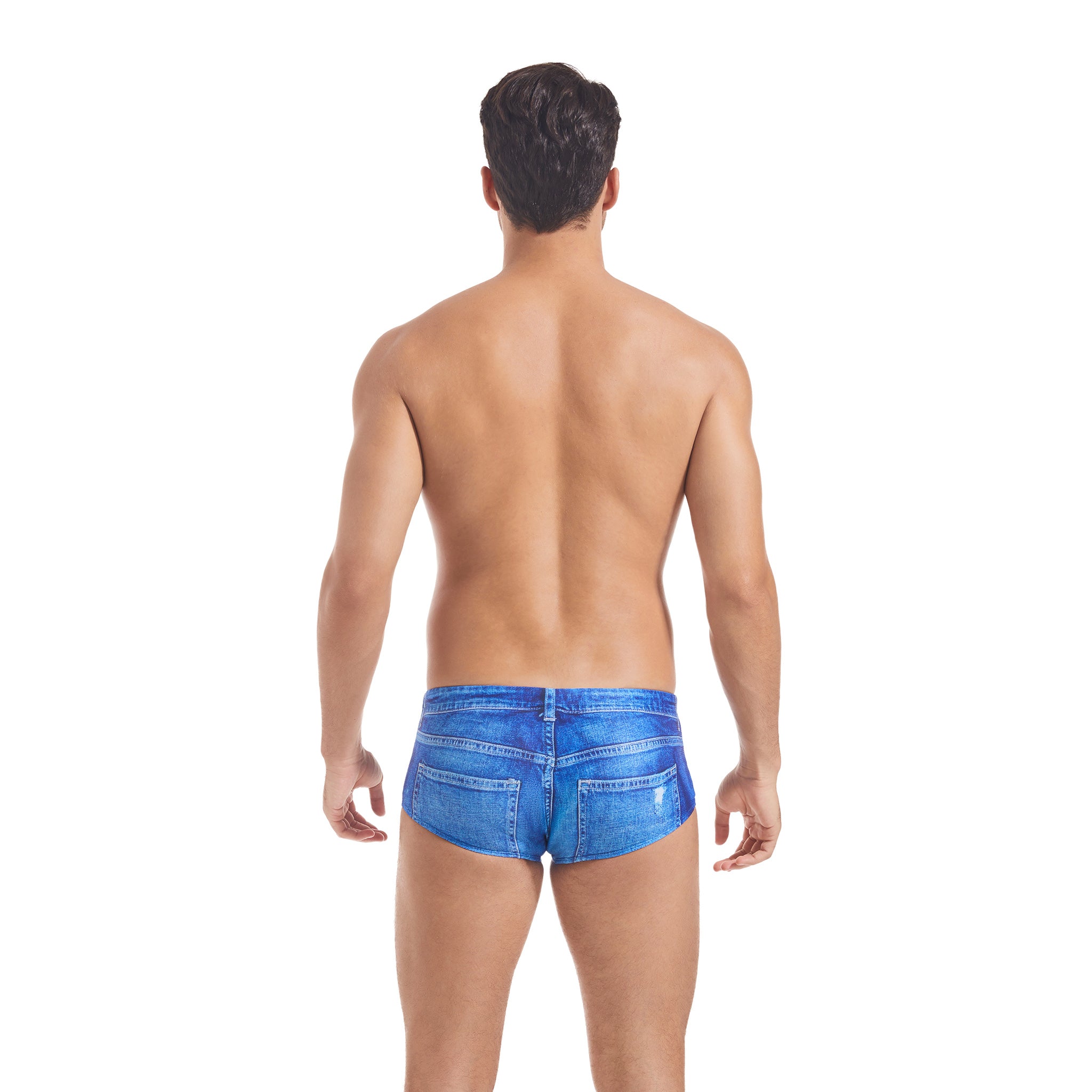 Badeshorts für Herren im Distressed Denim Look – Transparent für minimale Bräunungslinien, niedriger Bund, schnelltrocknend, figurbetont, Bikini-Badehose für Männer, lässige Strandshorts