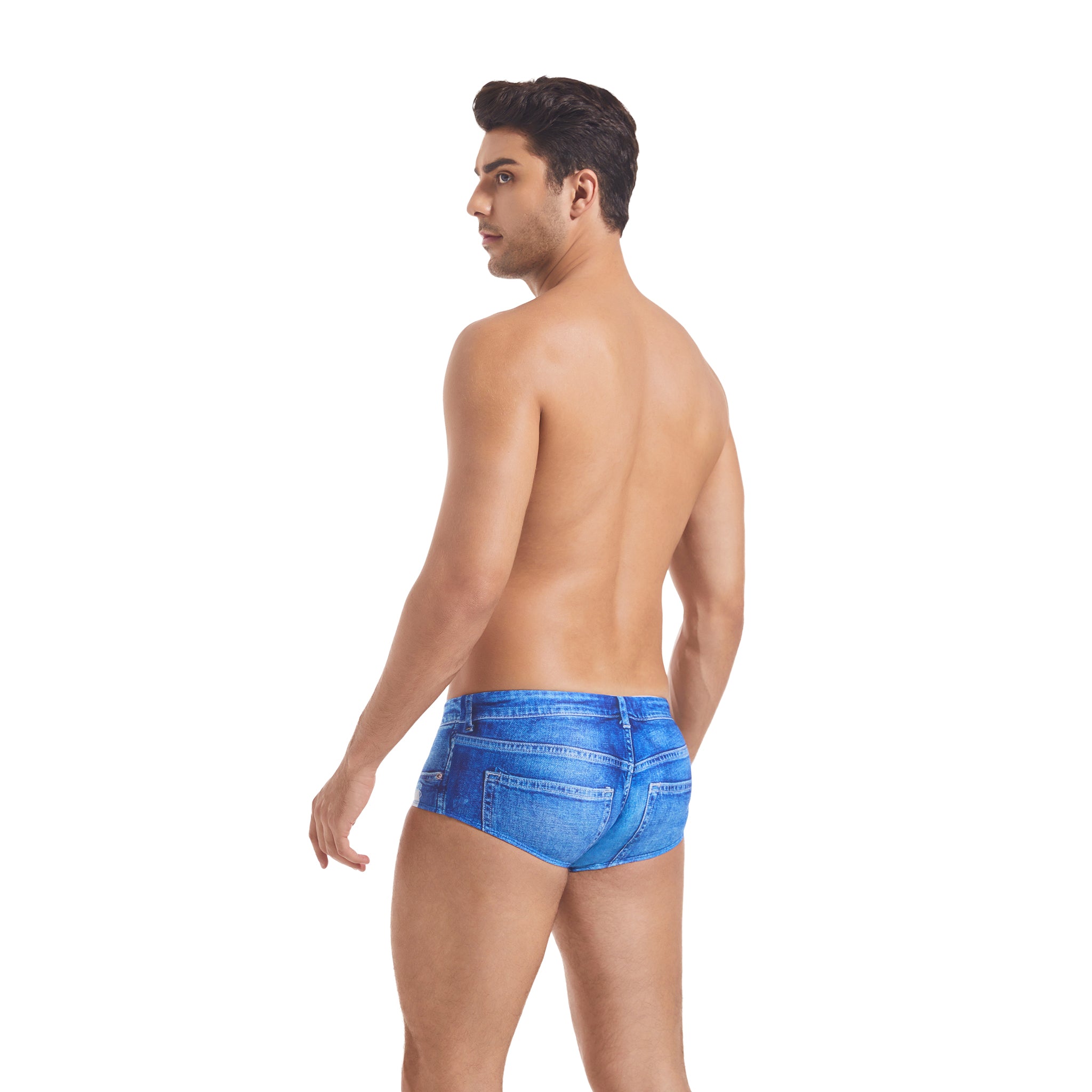 Badeshorts für Herren im Distressed Denim Look – Transparent für minimale Bräunungslinien, niedriger Bund, schnelltrocknend, figurbetont, Bikini-Badehose für Männer, lässige Strandshorts