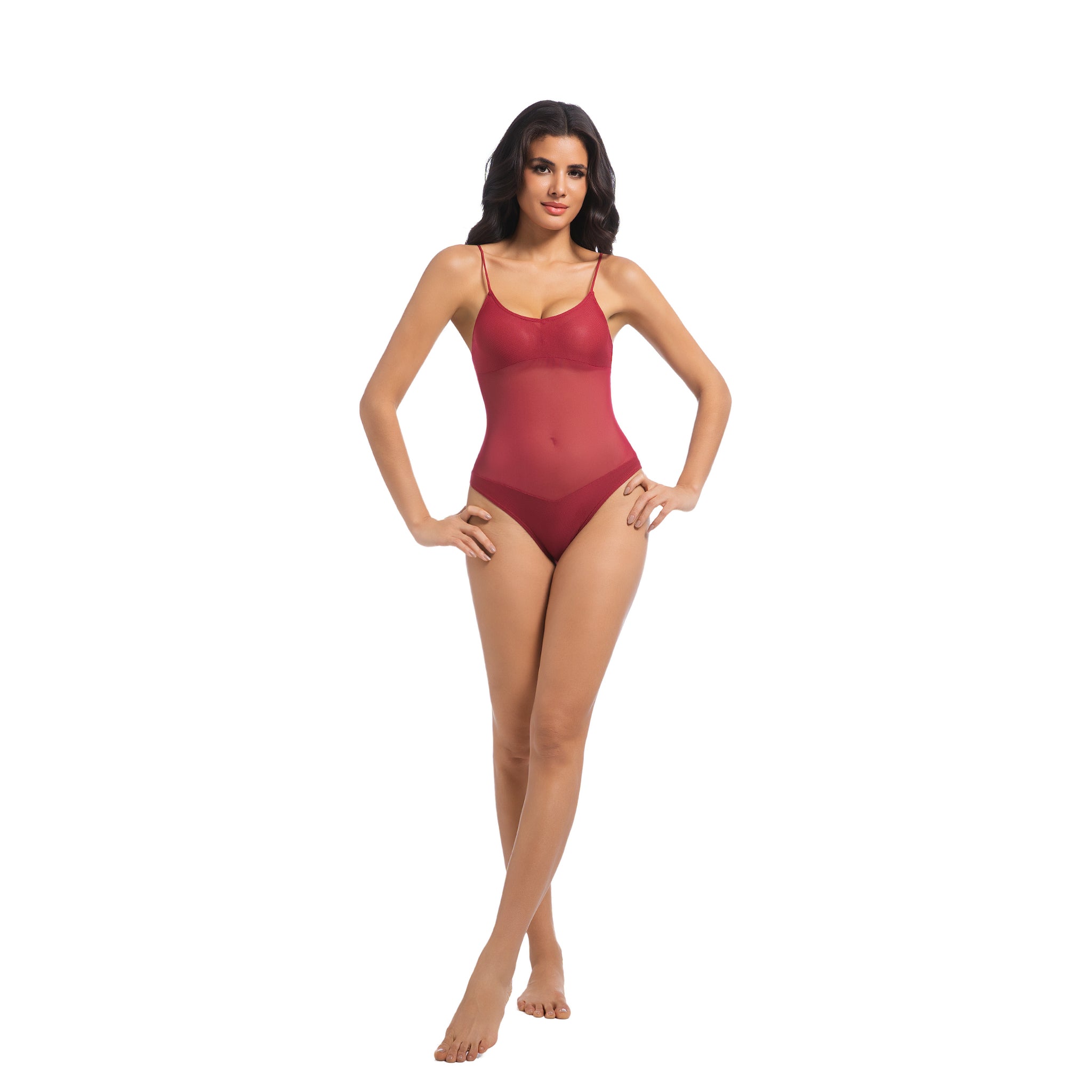 Damen Kirschrot Tan Through Einteiliger Badeanzug - Sheer Mesh Midriff Badeanzug - Minimiert Bräunungslinien UV-Durchlässig Damen Gerippter Rundhals Hochgeschnittene Bademode