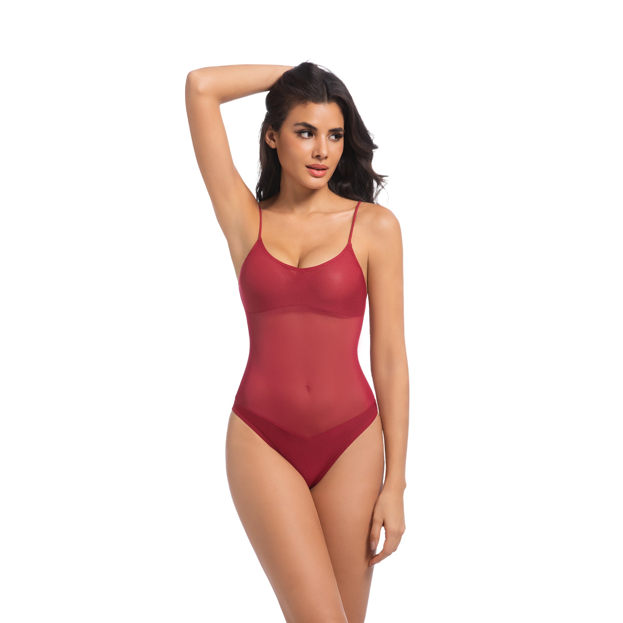 Damen Kirschrot Tan Through Einteiliger Badeanzug - Sheer Mesh Midriff Badeanzug - Minimiert Bräunungslinien UV-Durchlässig Damen Gerippter Rundhals Hochgeschnittene Bademode