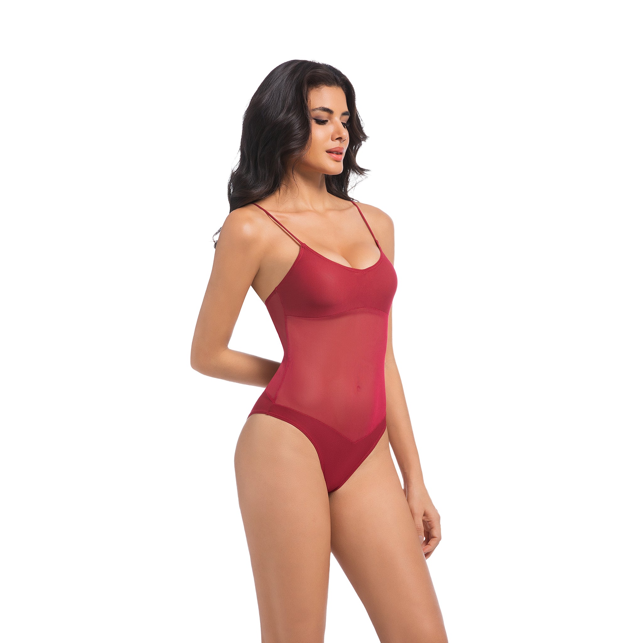 Damen Kirschrot Tan Through Einteiliger Badeanzug - Sheer Mesh Midriff Badeanzug - Minimiert Bräunungslinien UV-Durchlässig Damen Gerippter Rundhals Hochgeschnittene Bademode