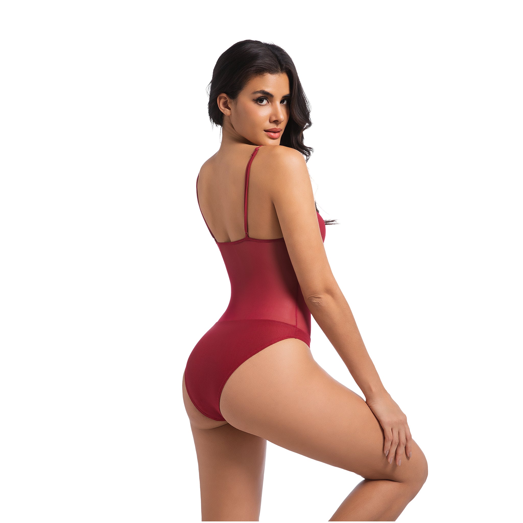 Damen Kirschrot Tan Through Einteiliger Badeanzug - Sheer Mesh Midriff Badeanzug - Minimiert Bräunungslinien UV-Durchlässig Damen Gerippter Rundhals Hochgeschnittene Bademode