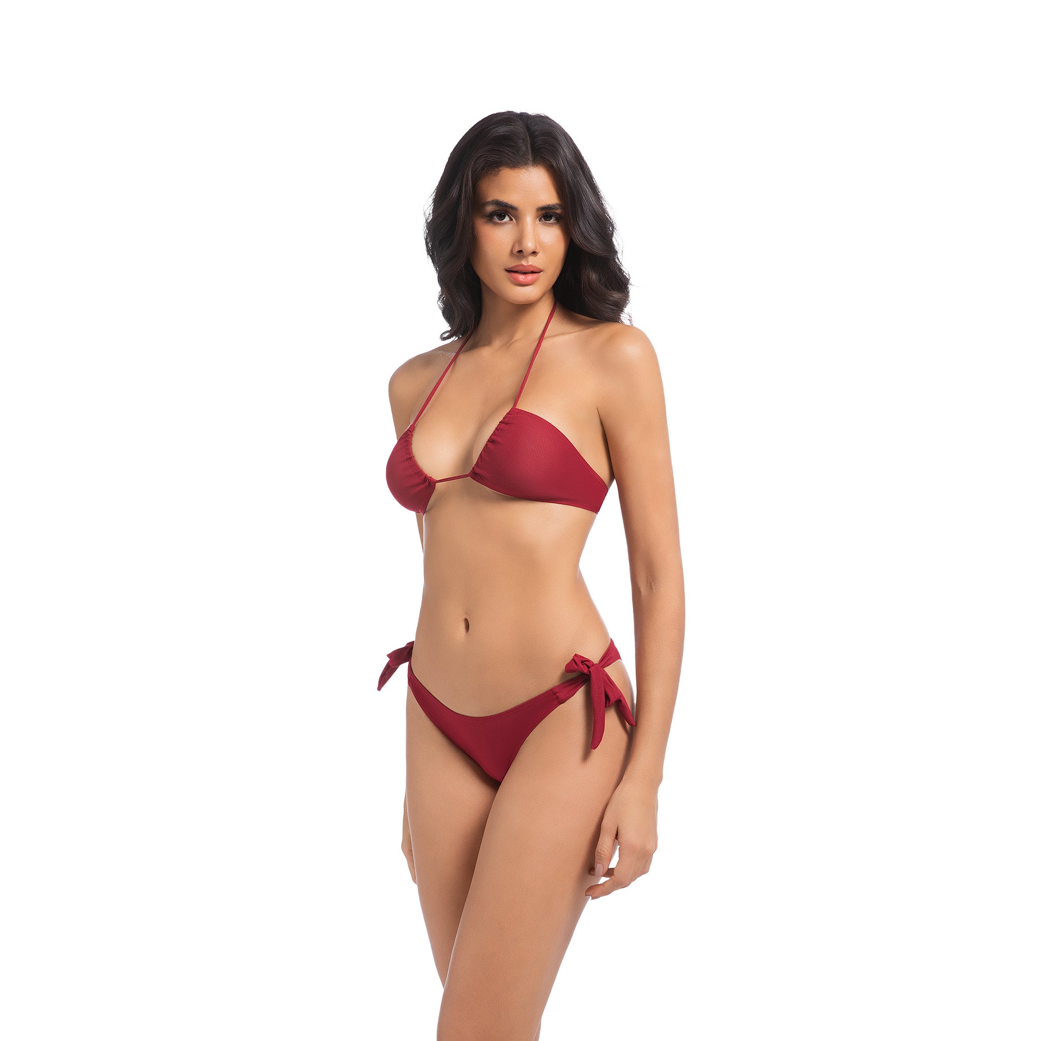 Damen Kirschrotes Bräunungsfreundliches Bikini-Set – Gerafftes Neckholder 2-teiliges Badekleid – Minimiert Bräunungslinien UV-durchlässiger Damen Gerippter Badeanzug mit seitlicher Schleife