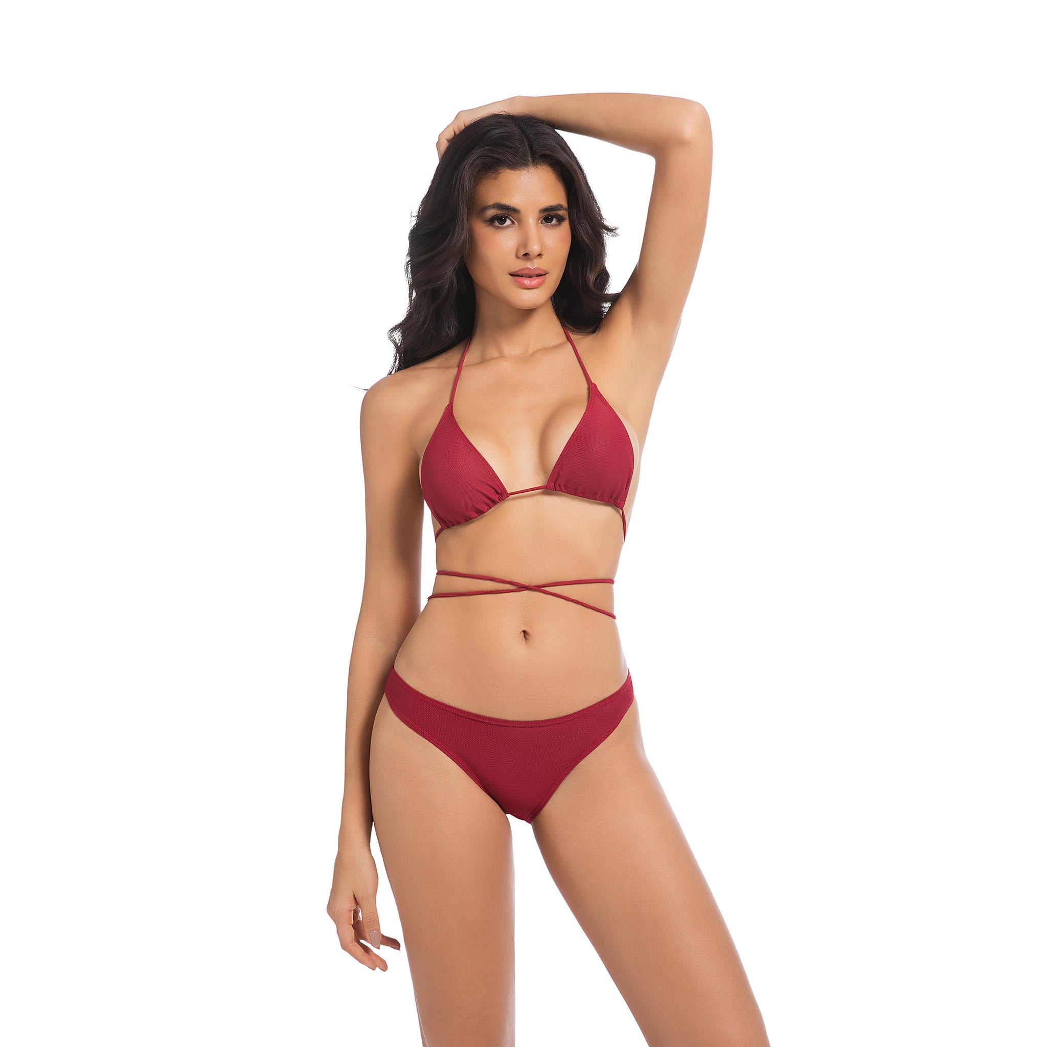 Damen Kirschrot Bräunungsfreundlicher Bikini-Set - Multi-Way Wickel-Triangel 2-teilige Bademode - Minimiert Bräunungslinien UV-durchlässiger Damen Gerippter High Cut Badeanzug