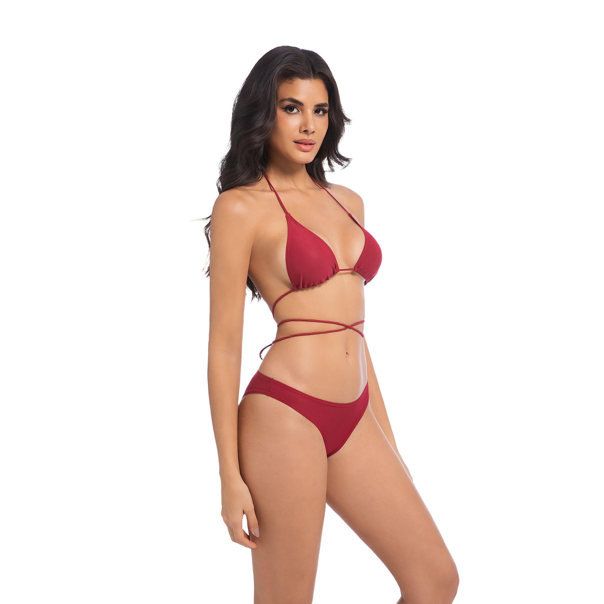 Damen Kirschrot Bräunungsfreundlicher Bikini-Set - Multi-Way Wickel-Triangel 2-teilige Bademode - Minimiert Bräunungslinien UV-durchlässiger Damen Gerippter High Cut Badeanzug