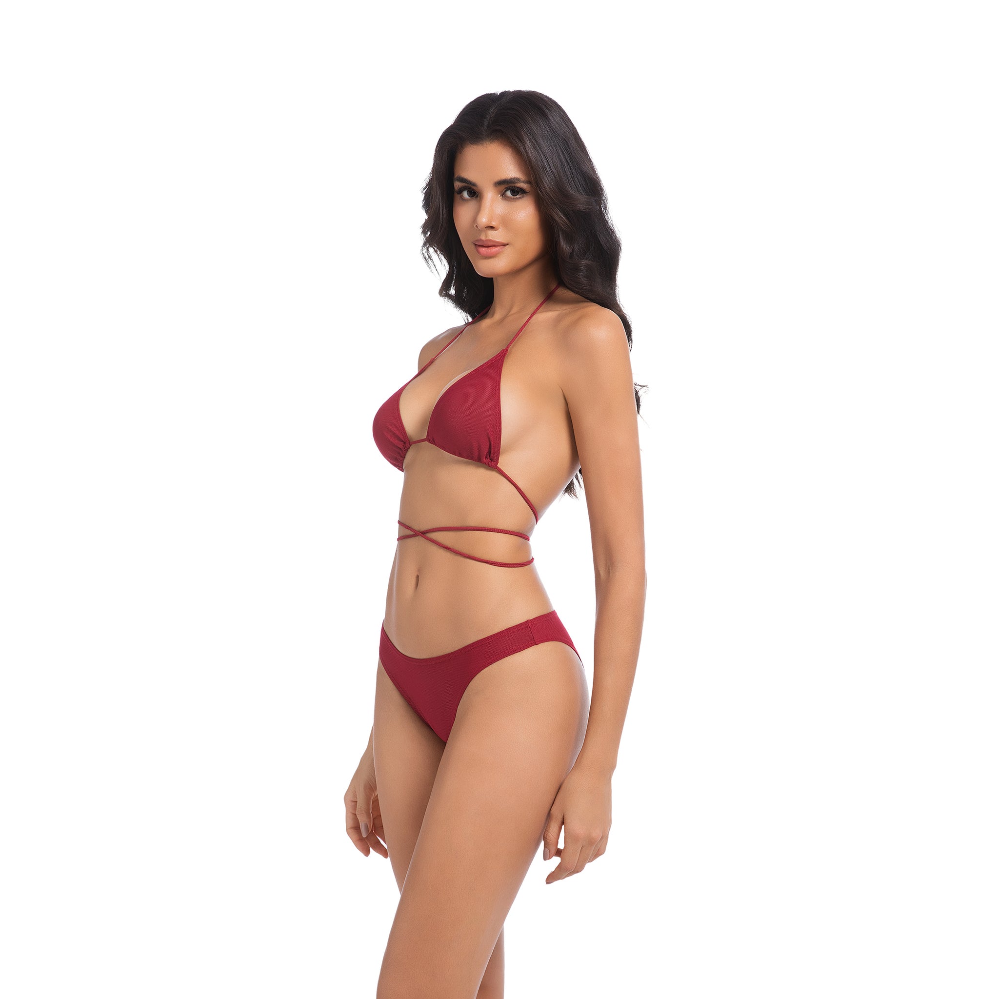 Damen Kirschrot Bräunungsfreundlicher Bikini-Set - Multi-Way Wickel-Triangel 2-teilige Bademode - Minimiert Bräunungslinien UV-durchlässiger Damen Gerippter High Cut Badeanzug