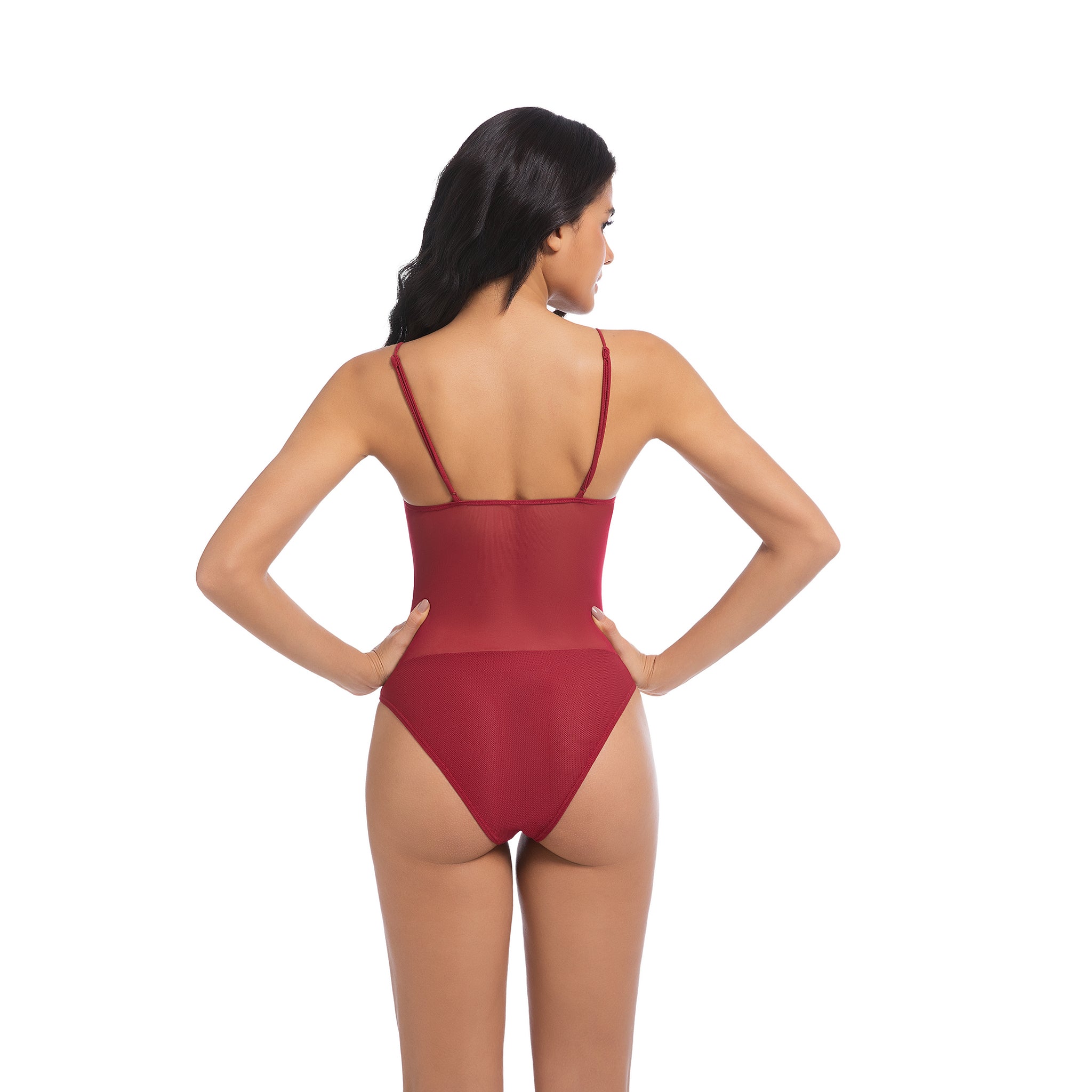 Damen Kirschrot Tan Through Einteiliger Badeanzug - Sheer Mesh Midriff Badeanzug - Minimiert Bräunungslinien UV-Durchlässig Damen Gerippter Rundhals Hochgeschnittene Bademode