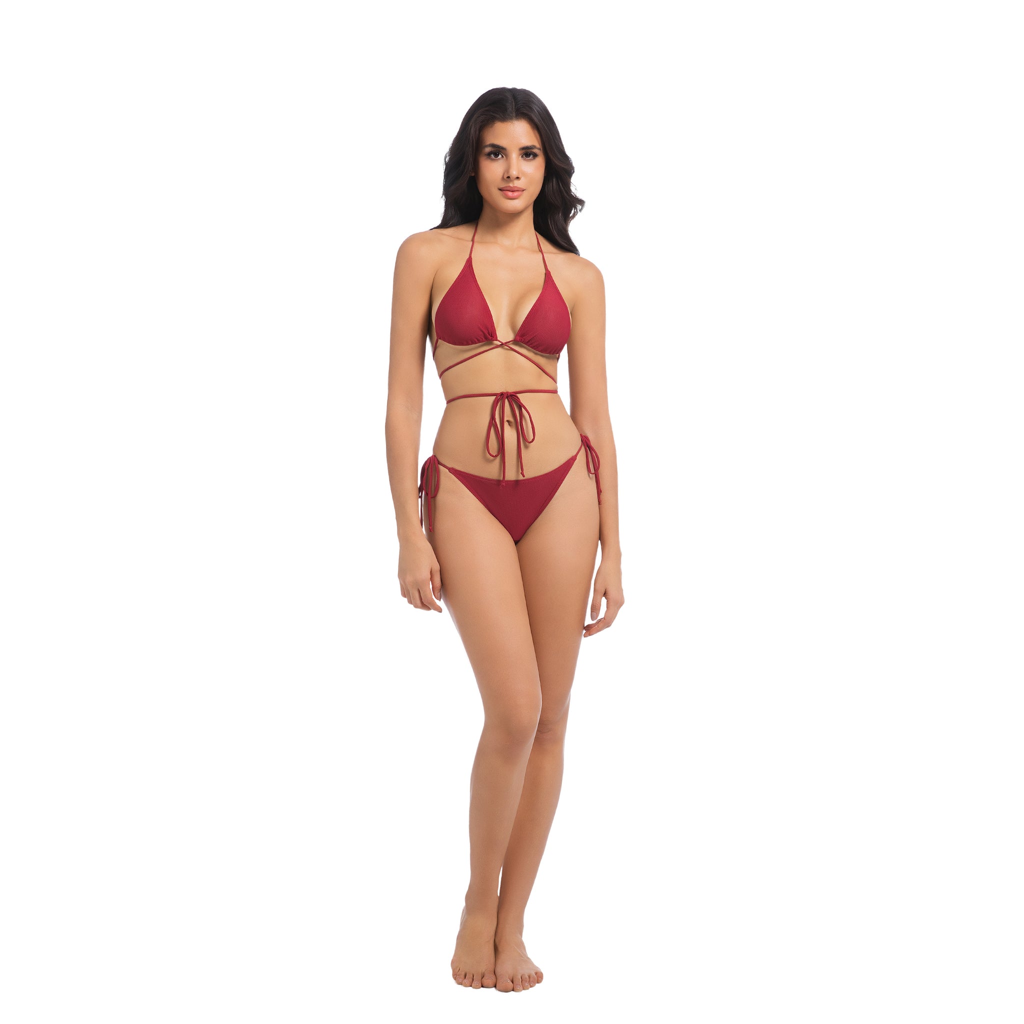 Damen Kirschroter Tan-Through Bikini-Set – Mehrfach wickelbare 2-teilige Bademode – Minimiert Sonnenbräunungslinien UV-durchlässiger Damen Rippen-Side-Tie Badeanzug