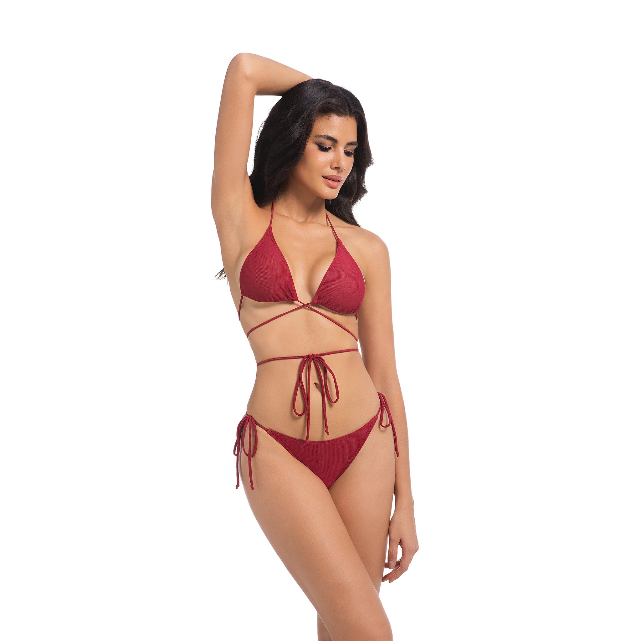 Damen Kirschroter Tan-Through Bikini-Set – Mehrfach wickelbare 2-teilige Bademode – Minimiert Sonnenbräunungslinien UV-durchlässiger Damen Rippen-Side-Tie Badeanzug