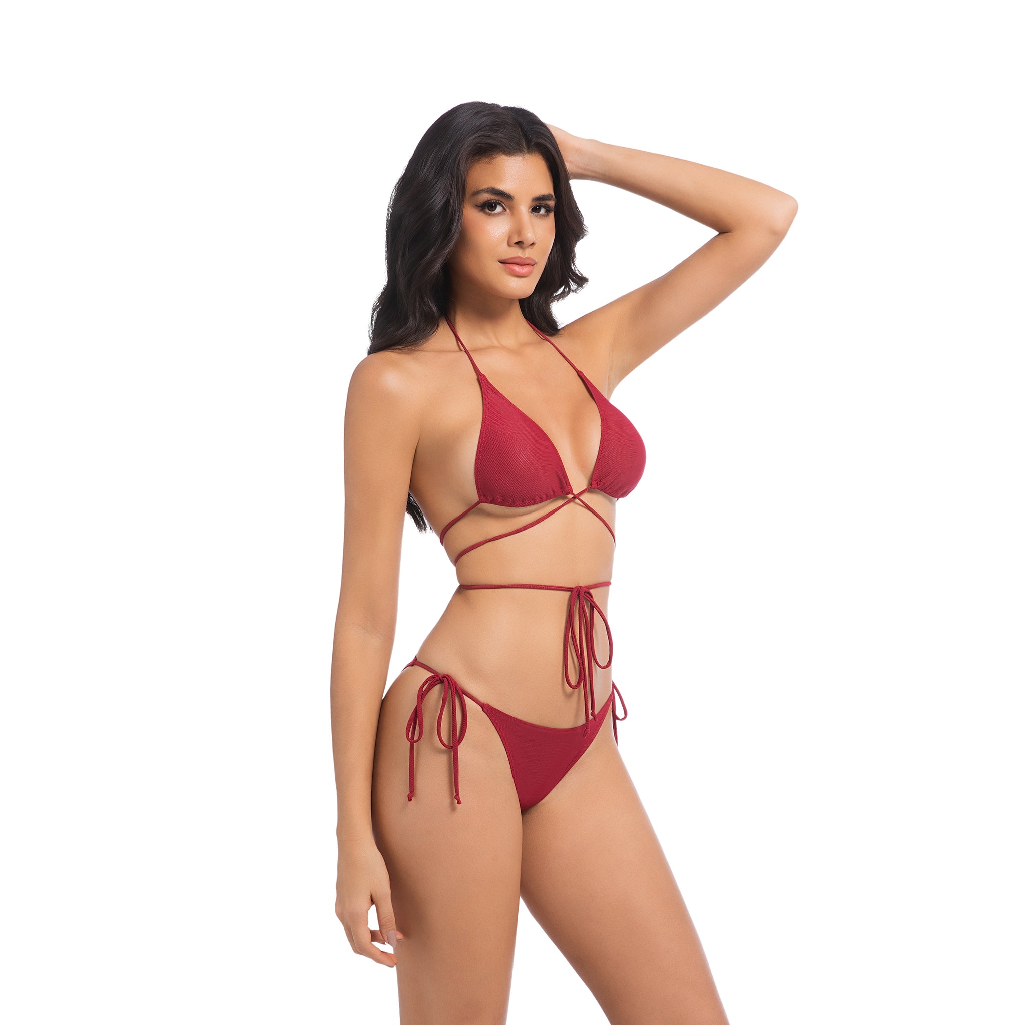 Damen Kirschroter Tan-Through Bikini-Set – Mehrfach wickelbare 2-teilige Bademode – Minimiert Sonnenbräunungslinien UV-durchlässiger Damen Rippen-Side-Tie Badeanzug