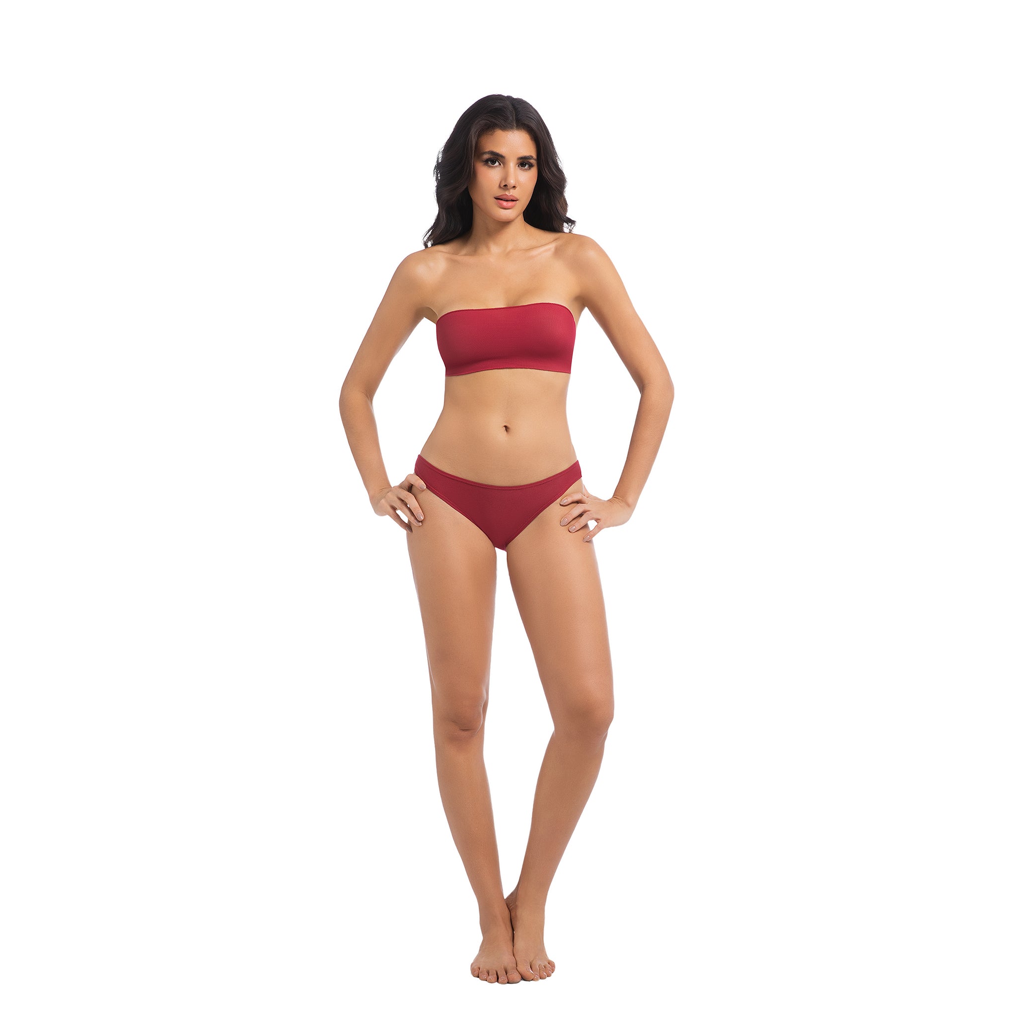 Damen Kirschrot-Tan-Through-Bikini-Set – Trägerloser Bandeau 2-Teiler Bademode – Minimiert Bräunungsstreifen UV-durchlässiger Damen-Badeanzug mit Rippmuster und großer Schleife am Rücken