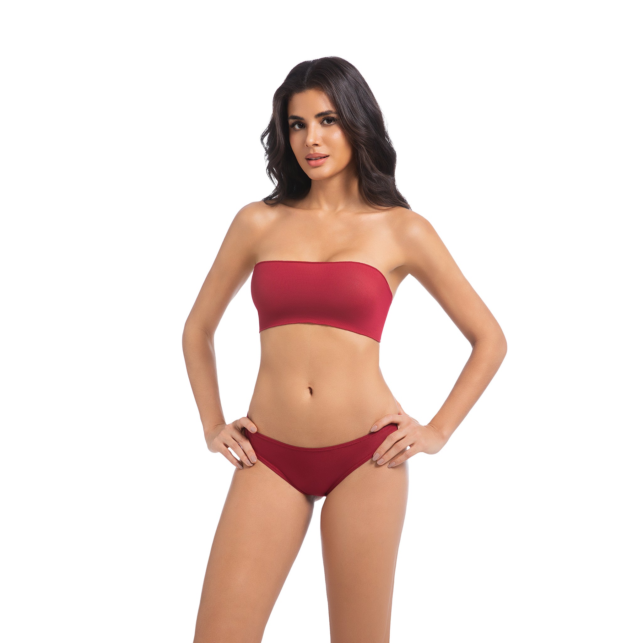 Damen Kirschrot-Tan-Through-Bikini-Set – Trägerloser Bandeau 2-Teiler Bademode – Minimiert Bräunungsstreifen UV-durchlässiger Damen-Badeanzug mit Rippmuster und großer Schleife am Rücken