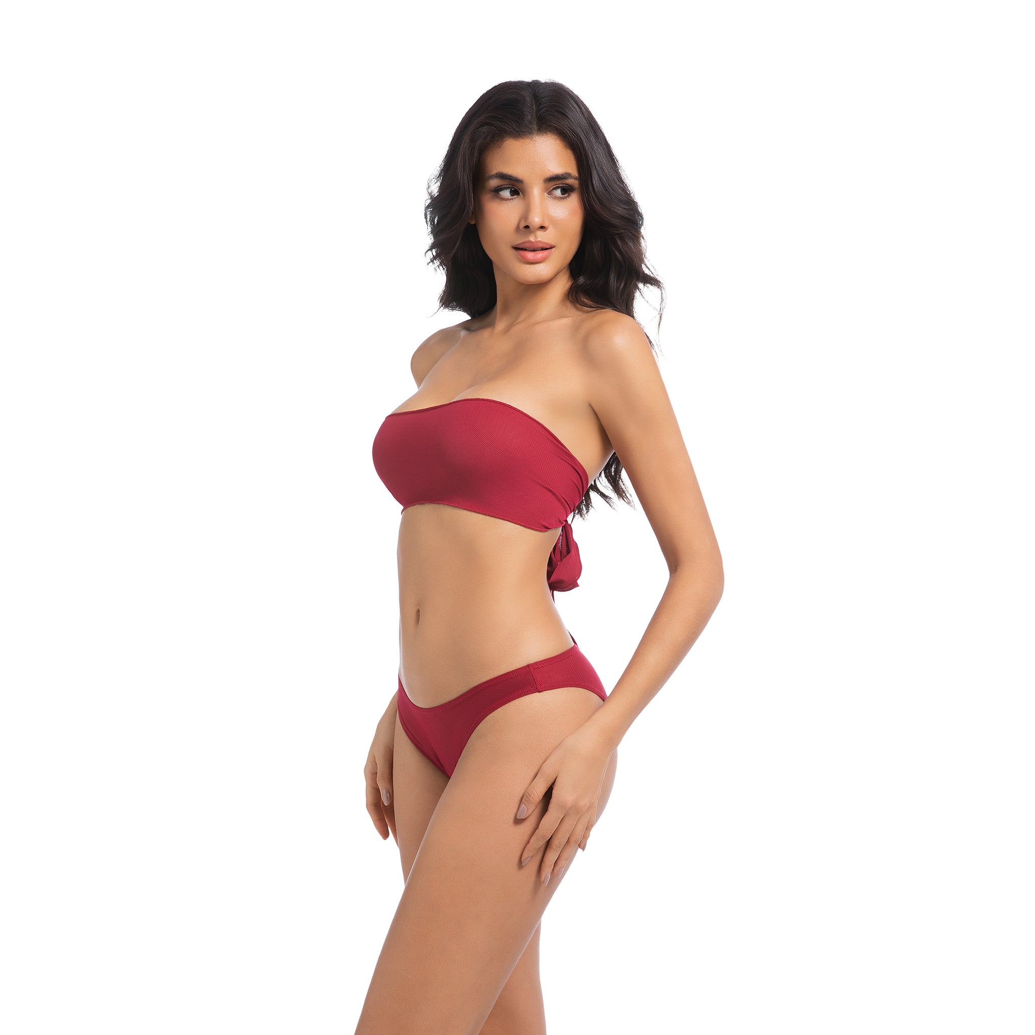 Damen Kirschrot-Tan-Through-Bikini-Set – Trägerloser Bandeau 2-Teiler Bademode – Minimiert Bräunungsstreifen UV-durchlässiger Damen-Badeanzug mit Rippmuster und großer Schleife am Rücken