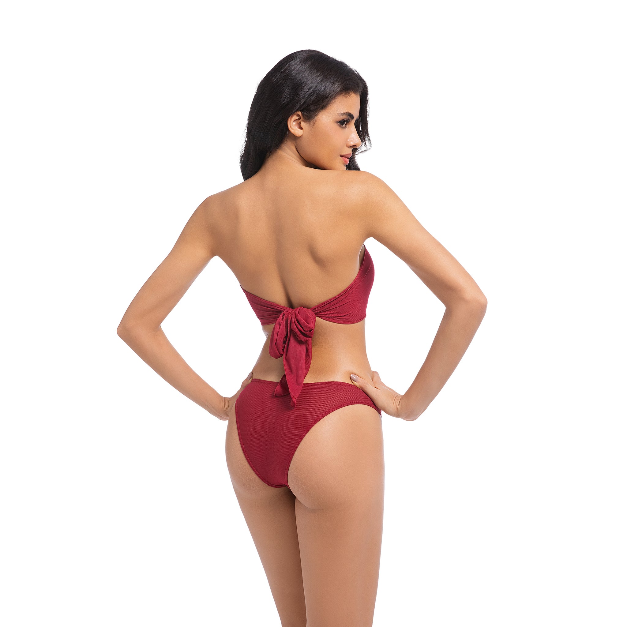 Damen Kirschrot-Tan-Through-Bikini-Set – Trägerloser Bandeau 2-Teiler Bademode – Minimiert Bräunungsstreifen UV-durchlässiger Damen-Badeanzug mit Rippmuster und großer Schleife am Rücken