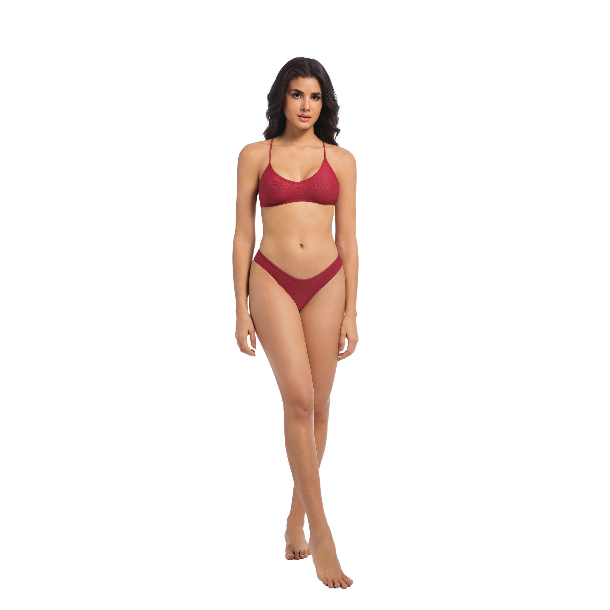 Damen kirschrotes Tan-Through Bikini-Set – überkreuzter Rücken V-Ausschnitt 2-teilige Bademode – Minimiert Bräunungsstreifen UV-durchlässiger gerippter Damen-Badeanzug mit V-Front und hohem Beinausschnitt