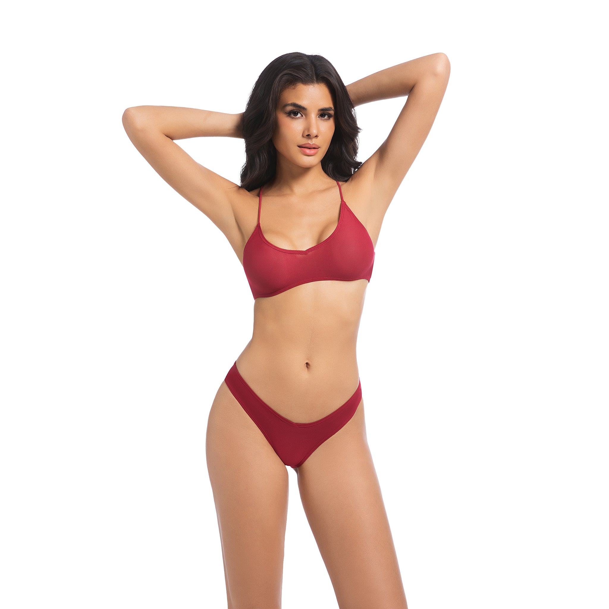 Damen kirschrotes Tan-Through Bikini-Set – überkreuzter Rücken V-Ausschnitt 2-teilige Bademode – Minimiert Bräunungsstreifen UV-durchlässiger gerippter Damen-Badeanzug mit V-Front und hohem Beinausschnitt
