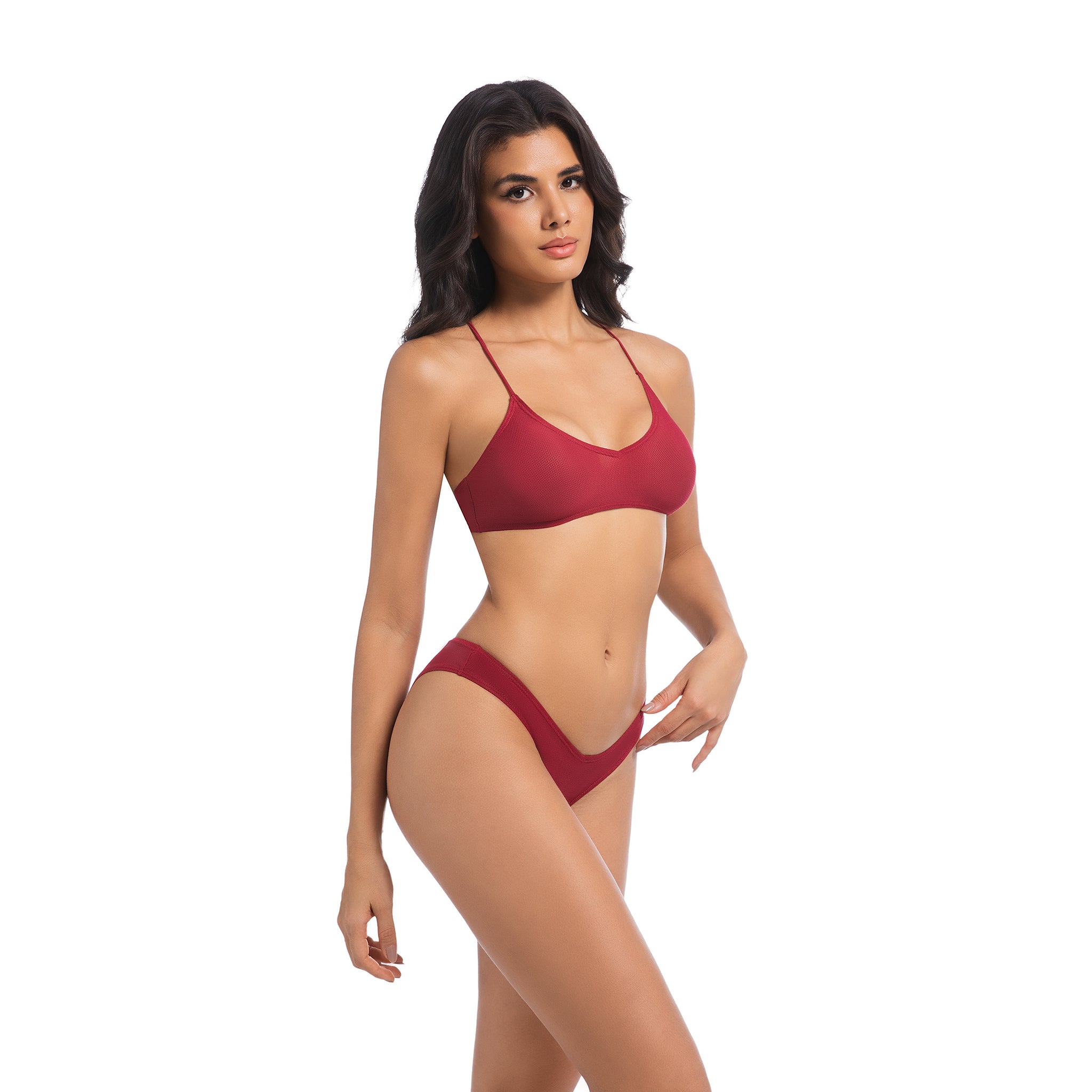 Damen kirschrotes Tan-Through Bikini-Set – überkreuzter Rücken V-Ausschnitt 2-teilige Bademode – Minimiert Bräunungsstreifen UV-durchlässiger gerippter Damen-Badeanzug mit V-Front und hohem Beinausschnitt
