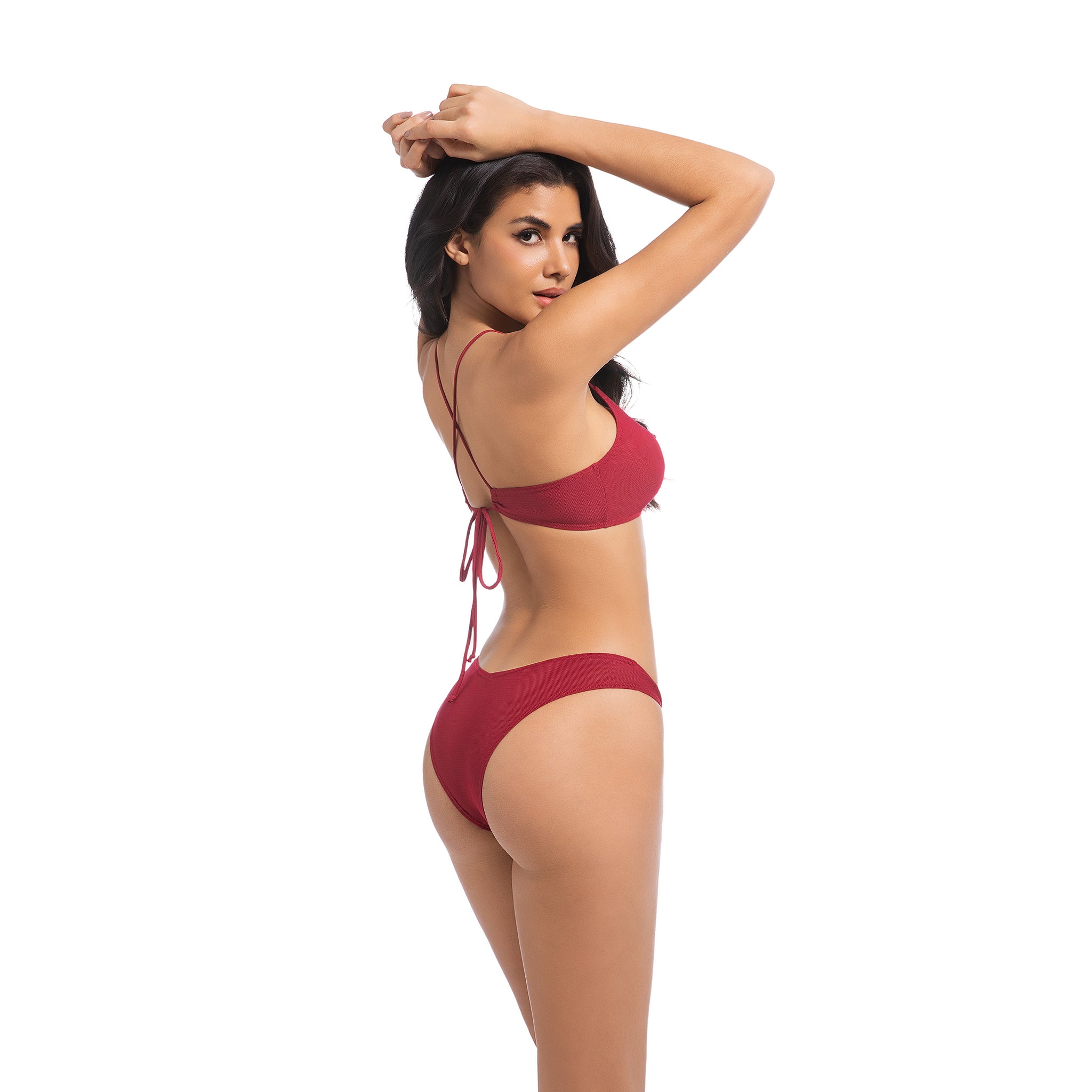 Damen kirschrotes Tan-Through Bikini-Set – überkreuzter Rücken V-Ausschnitt 2-teilige Bademode – Minimiert Bräunungsstreifen UV-durchlässiger gerippter Damen-Badeanzug mit V-Front und hohem Beinausschnitt