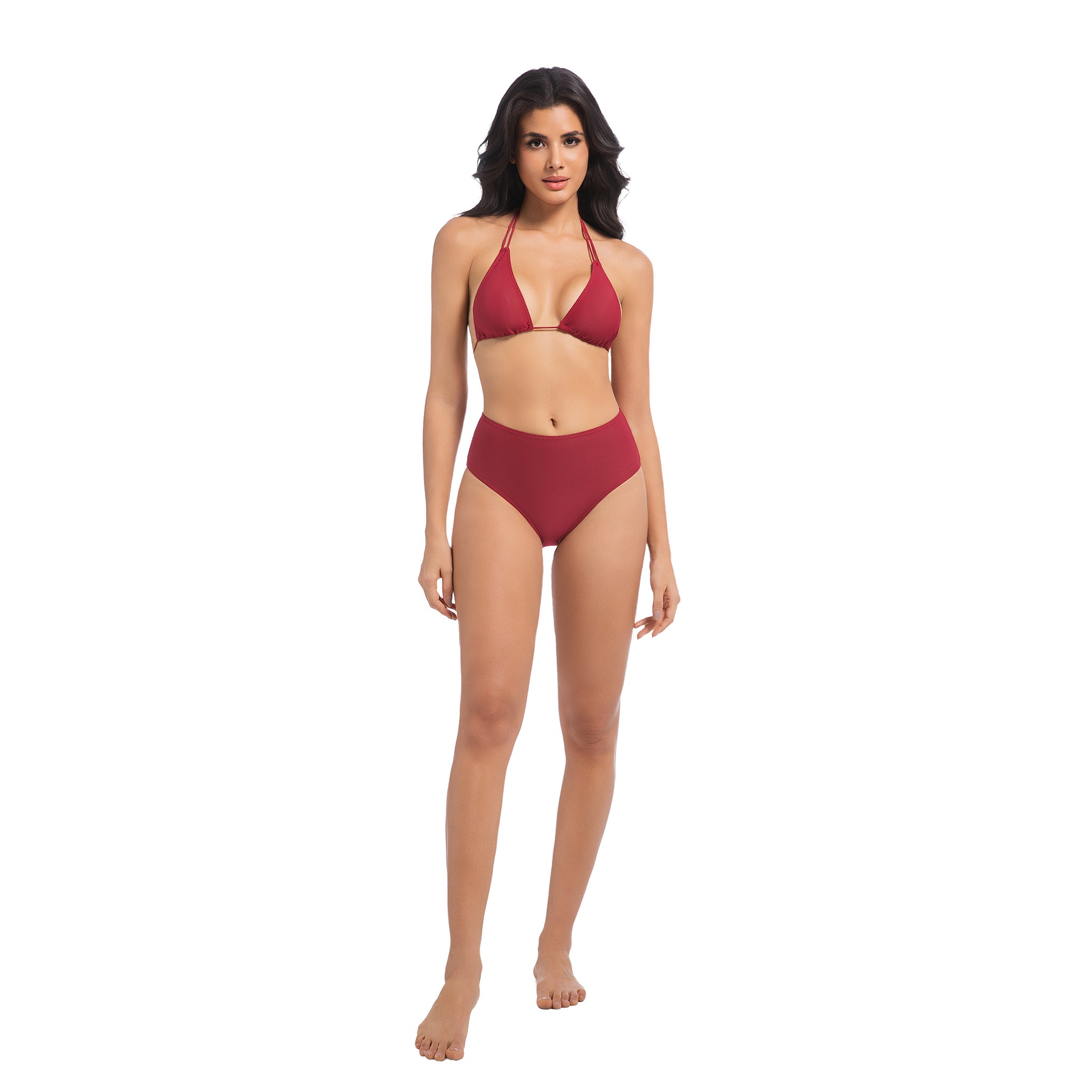 Damen Kirschrotes Tan-Through-Bikini-Set – Neckholder mit doppelten Trägern, 2-teilige Bademode – Minimiert Bräunungslinien, UV-durchlässiger, gerippter High-Waist-Badeanzug für Damen