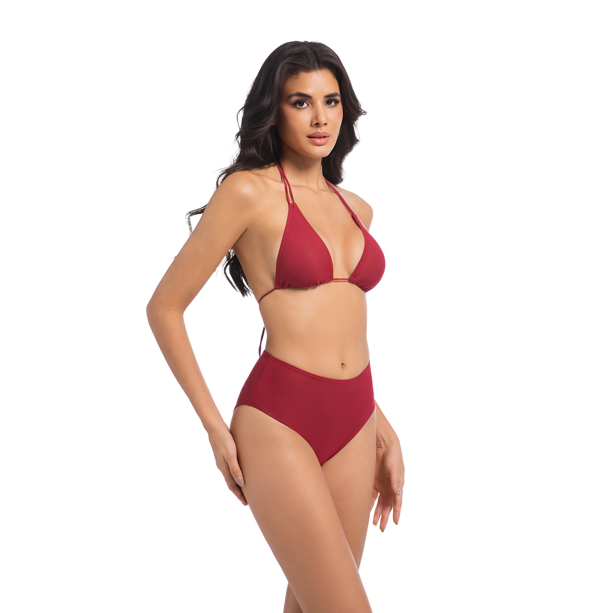 Damen Kirschrotes Tan-Through-Bikini-Set – Neckholder mit doppelten Trägern, 2-teilige Bademode – Minimiert Bräunungslinien, UV-durchlässiger, gerippter High-Waist-Badeanzug für Damen