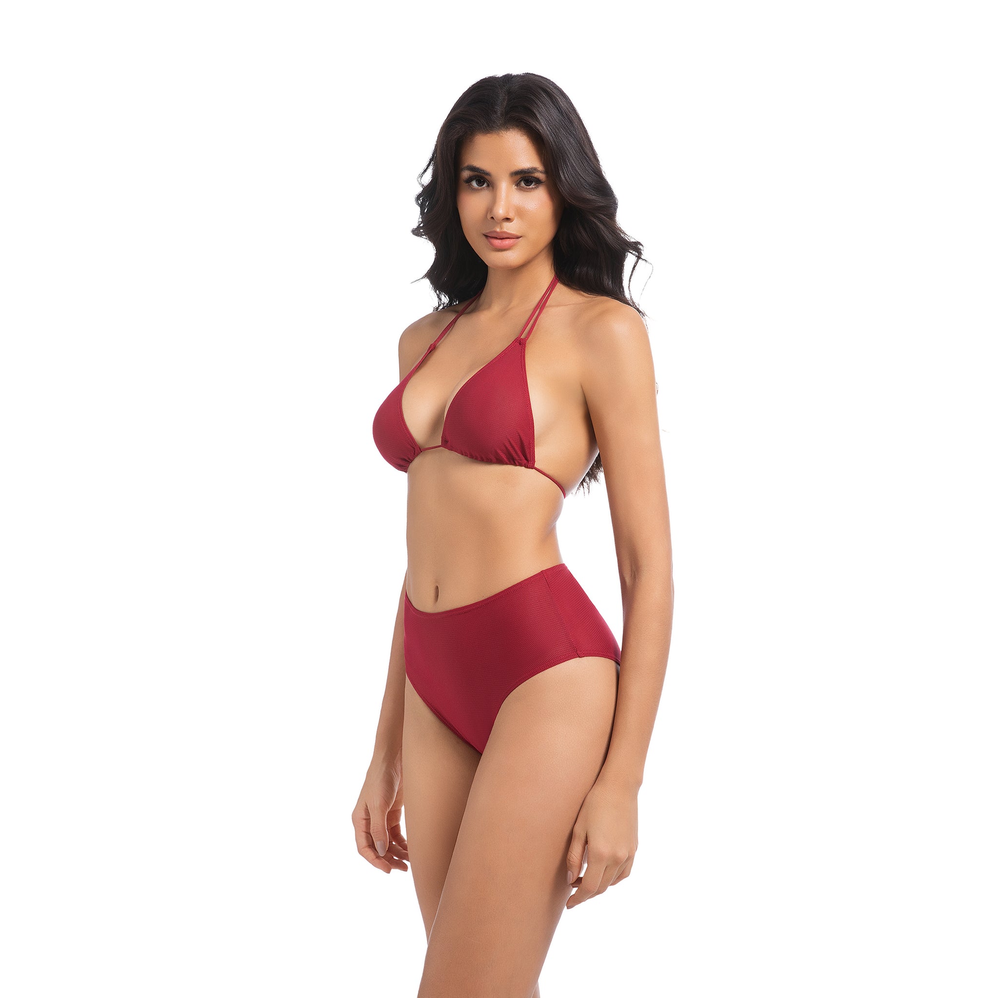 Damen Kirschrotes Tan-Through-Bikini-Set – Neckholder mit doppelten Trägern, 2-teilige Bademode – Minimiert Bräunungslinien, UV-durchlässiger, gerippter High-Waist-Badeanzug für Damen