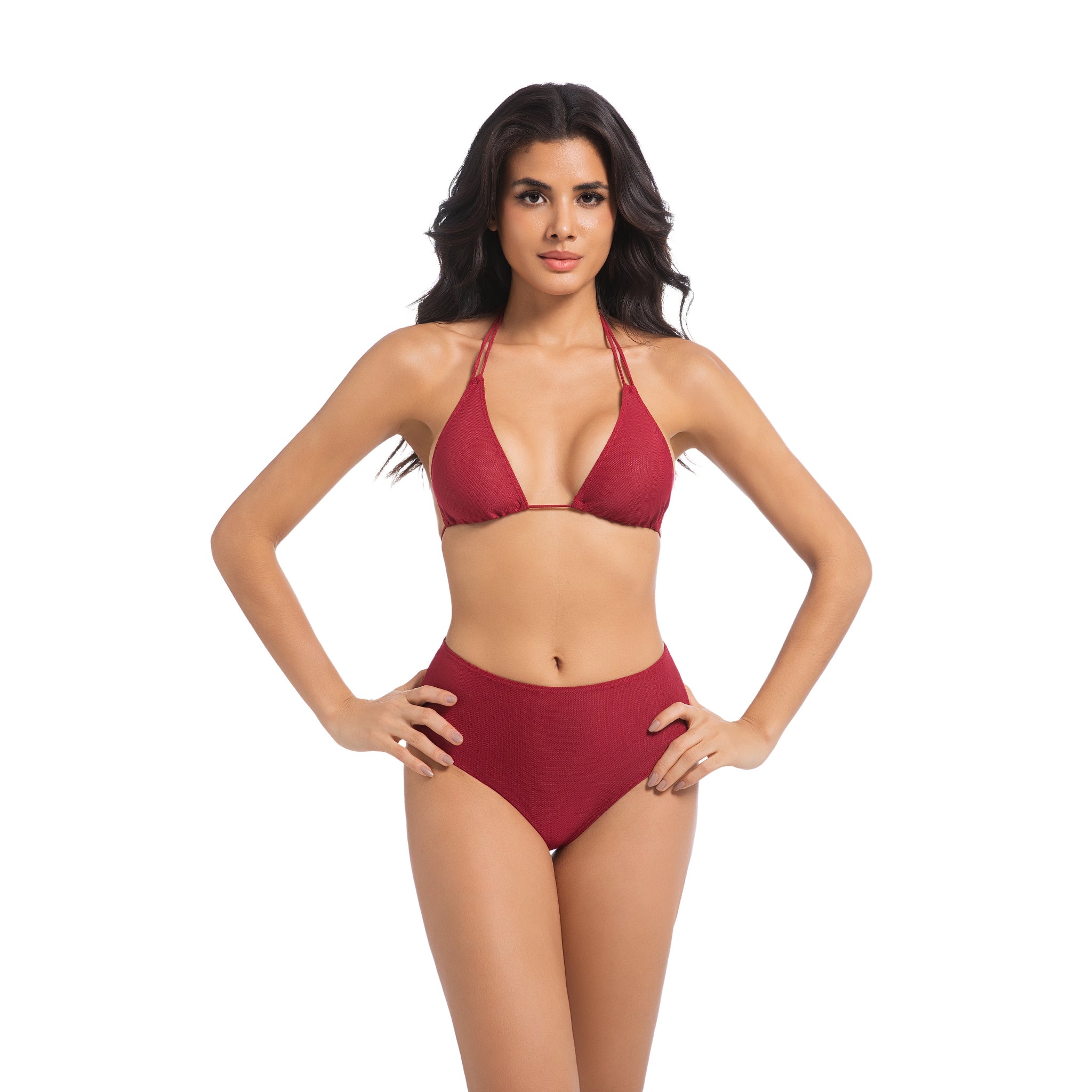 Damen Kirschrotes Tan-Through-Bikini-Set – Neckholder mit doppelten Trägern, 2-teilige Bademode – Minimiert Bräunungslinien, UV-durchlässiger, gerippter High-Waist-Badeanzug für Damen