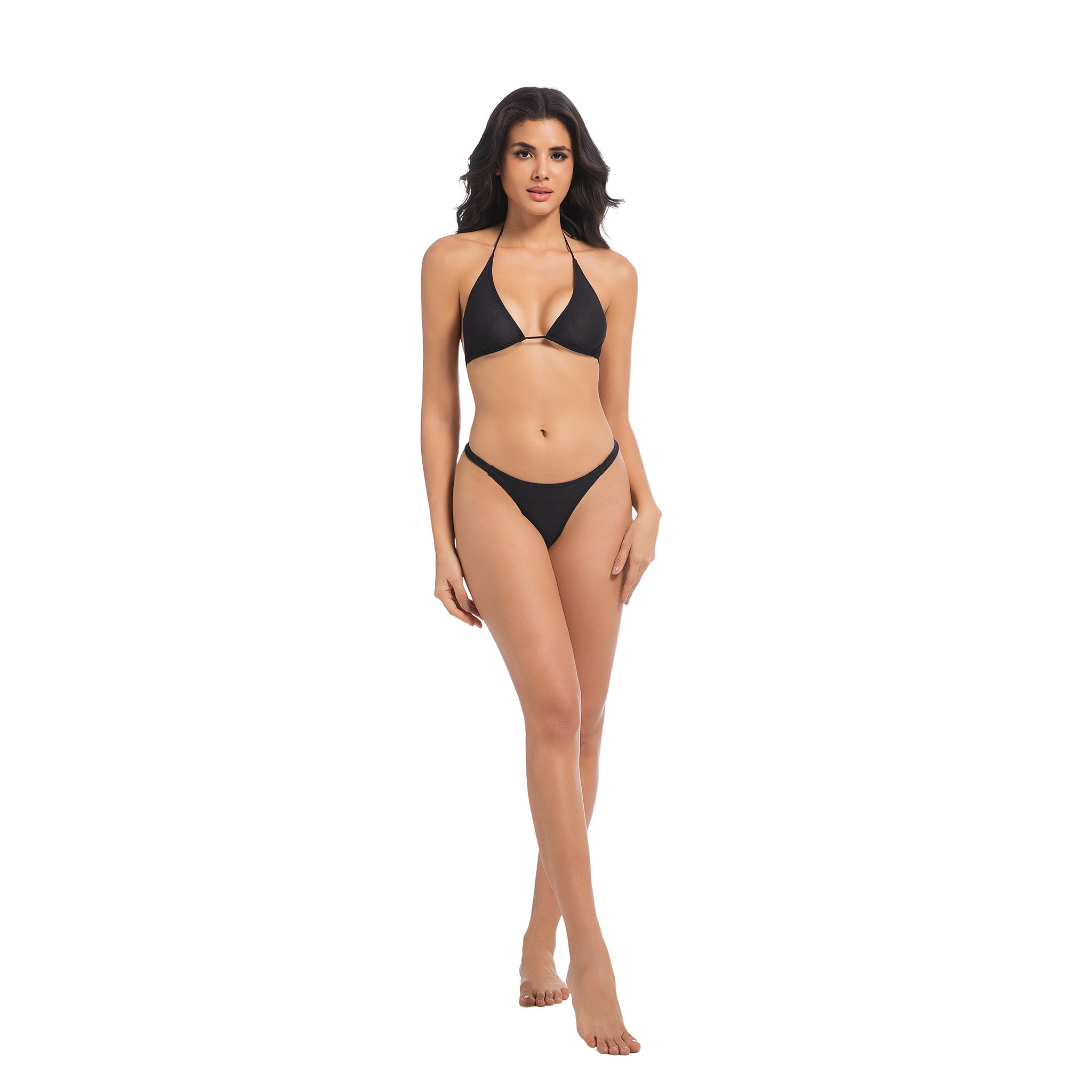 Tan Through Bikini-Set - Minimiert Bräunungsstreifen UV-durchlässiger Badeanzug - Zweiteiliger Neckholder-Triangel-Badeanzug mit festem Höschen, Onyxschwarz