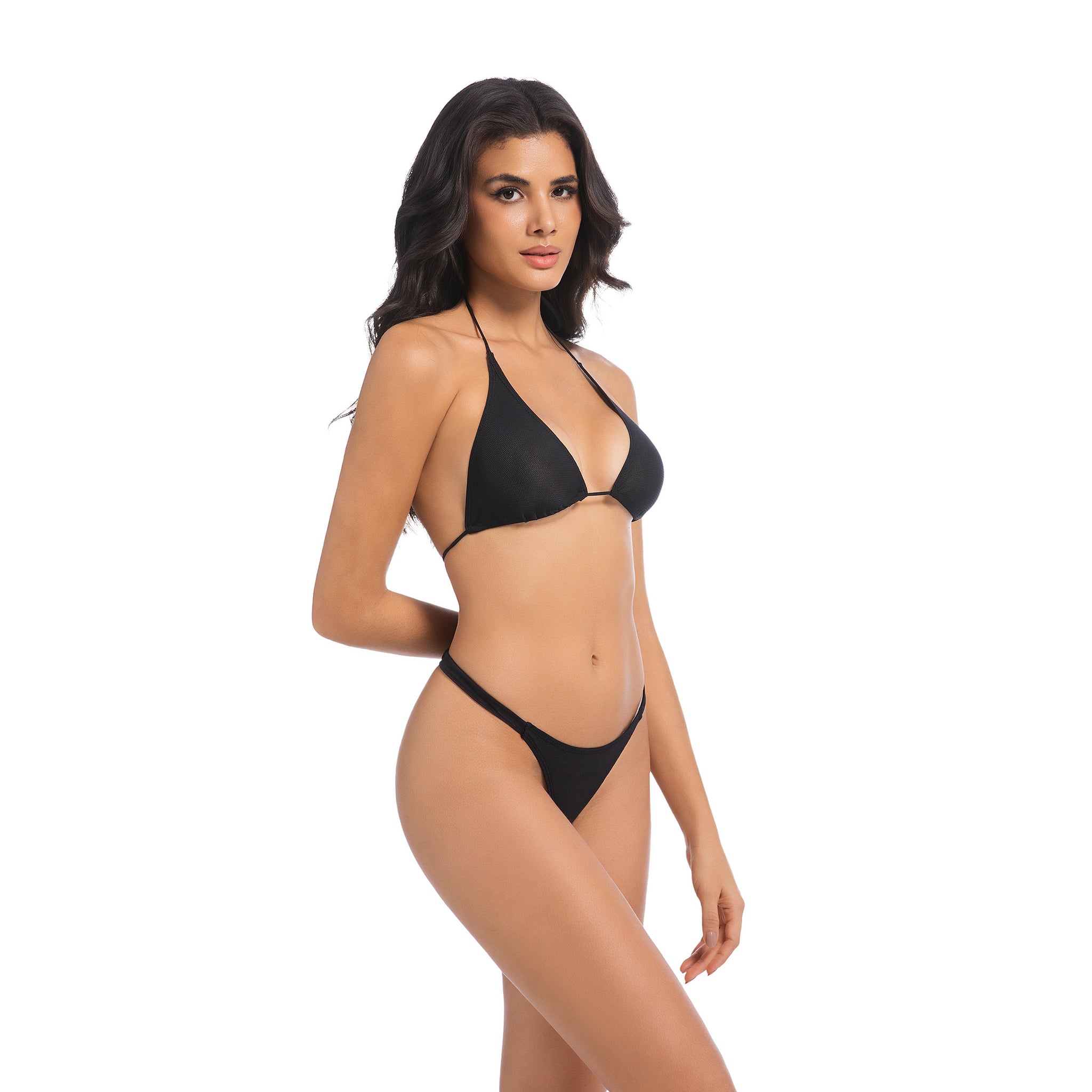 Tan Through Bikini-Set - Minimiert Bräunungsstreifen UV-durchlässiger Badeanzug - Zweiteiliger Neckholder-Triangel-Badeanzug mit festem Höschen, Onyxschwarz