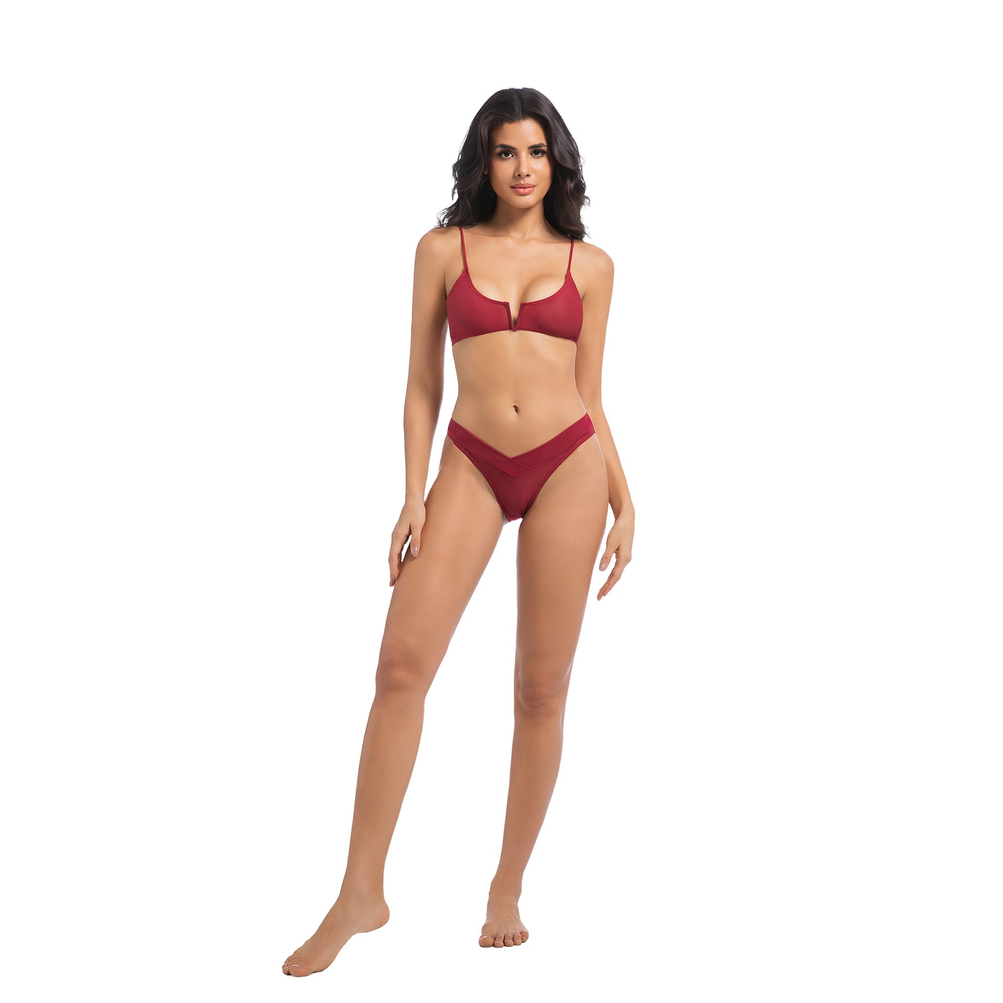 Damen Tan Through Kirschroter Bikini-Set - Minimiert Bräunungslinien UV-durchlässiger 2-teiliger Damen Badeanzug - Gerippter V-Kerbe Schleifenverschluss Rücken & Geschichteter V-Bund Badeanzug
